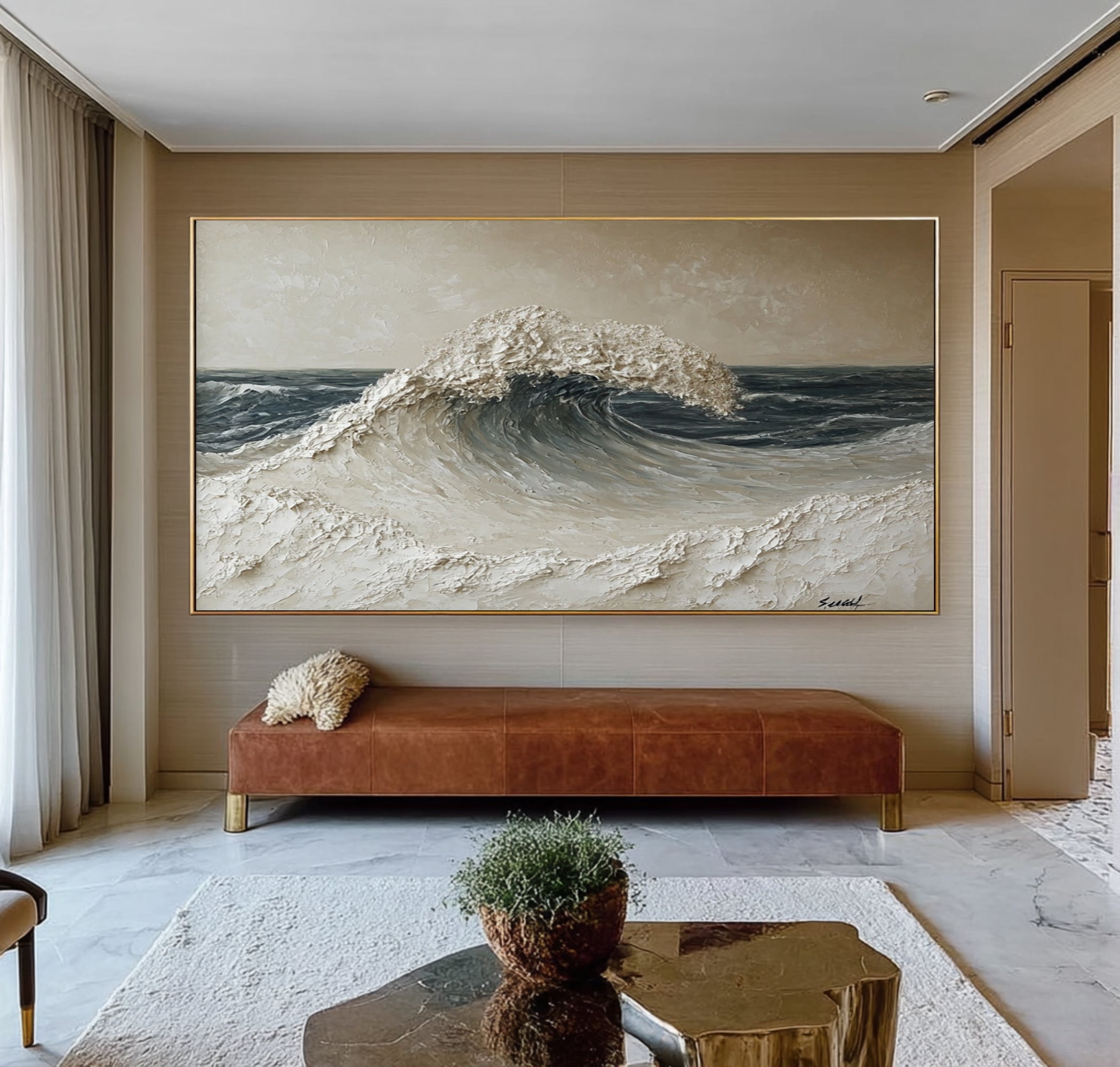 Large Modern Ocean Wave Wall Art Textured Oil Painting Coastal Artwork Cowboy Cowgirl Inspired Vintage Americana Modern Home Decor