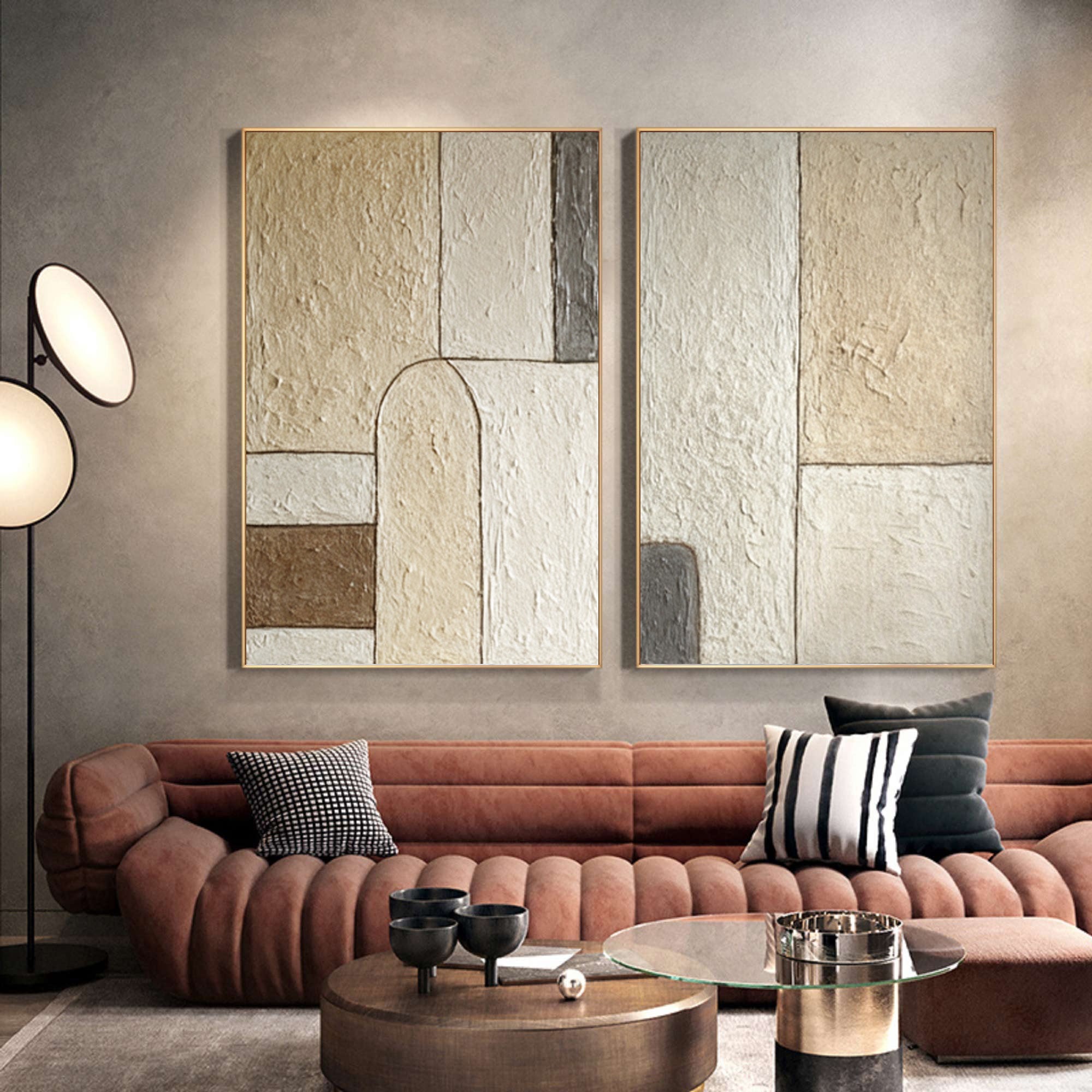 Textured Geometric Paintings Duo Contemporary Beige #WG 047