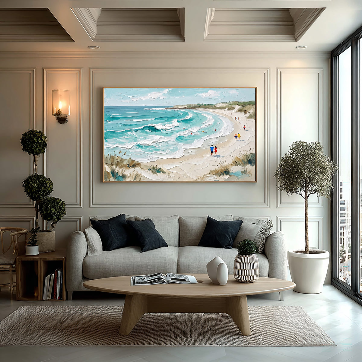 Large Textured Beach Painting Turquoise Ocean Waves Coastal Wall Art
