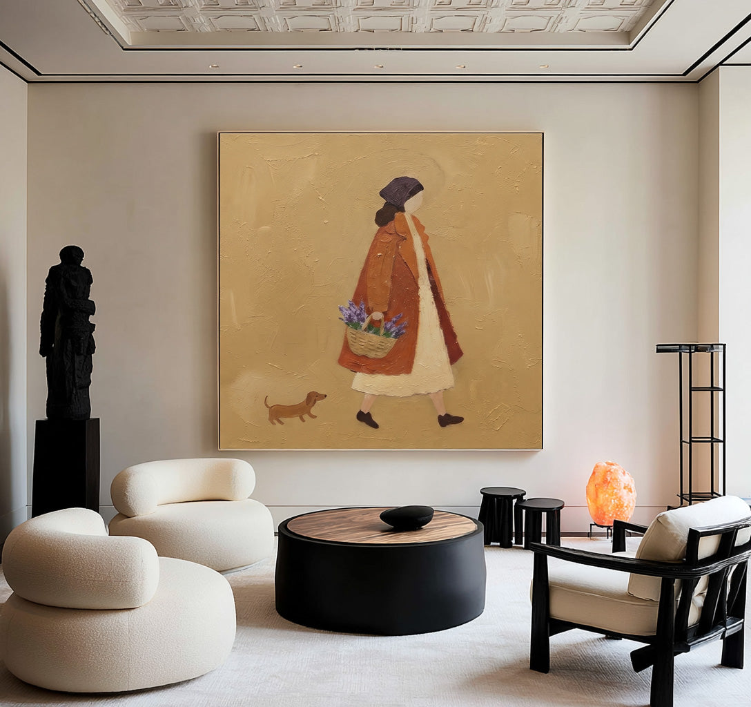 The Girl With The Flower Basket Original Figurative Painting Woman Dog Rustic French Country Wall Decor
