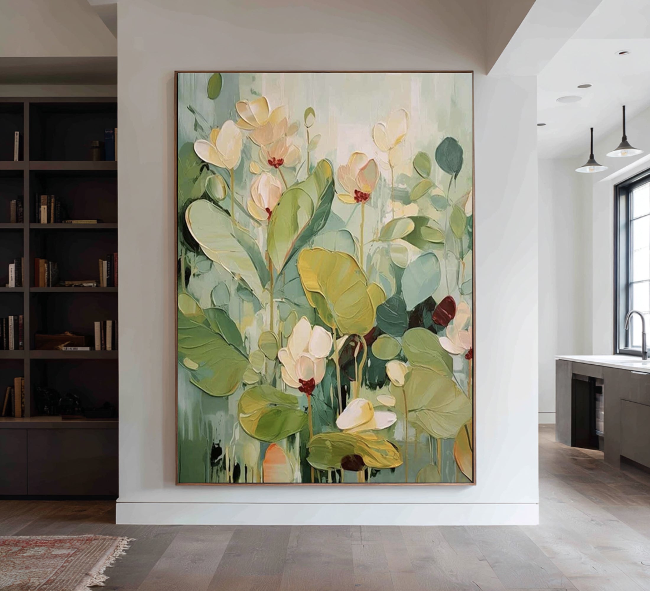 Large Botanical Floral Painting Green Neutral Wall Art