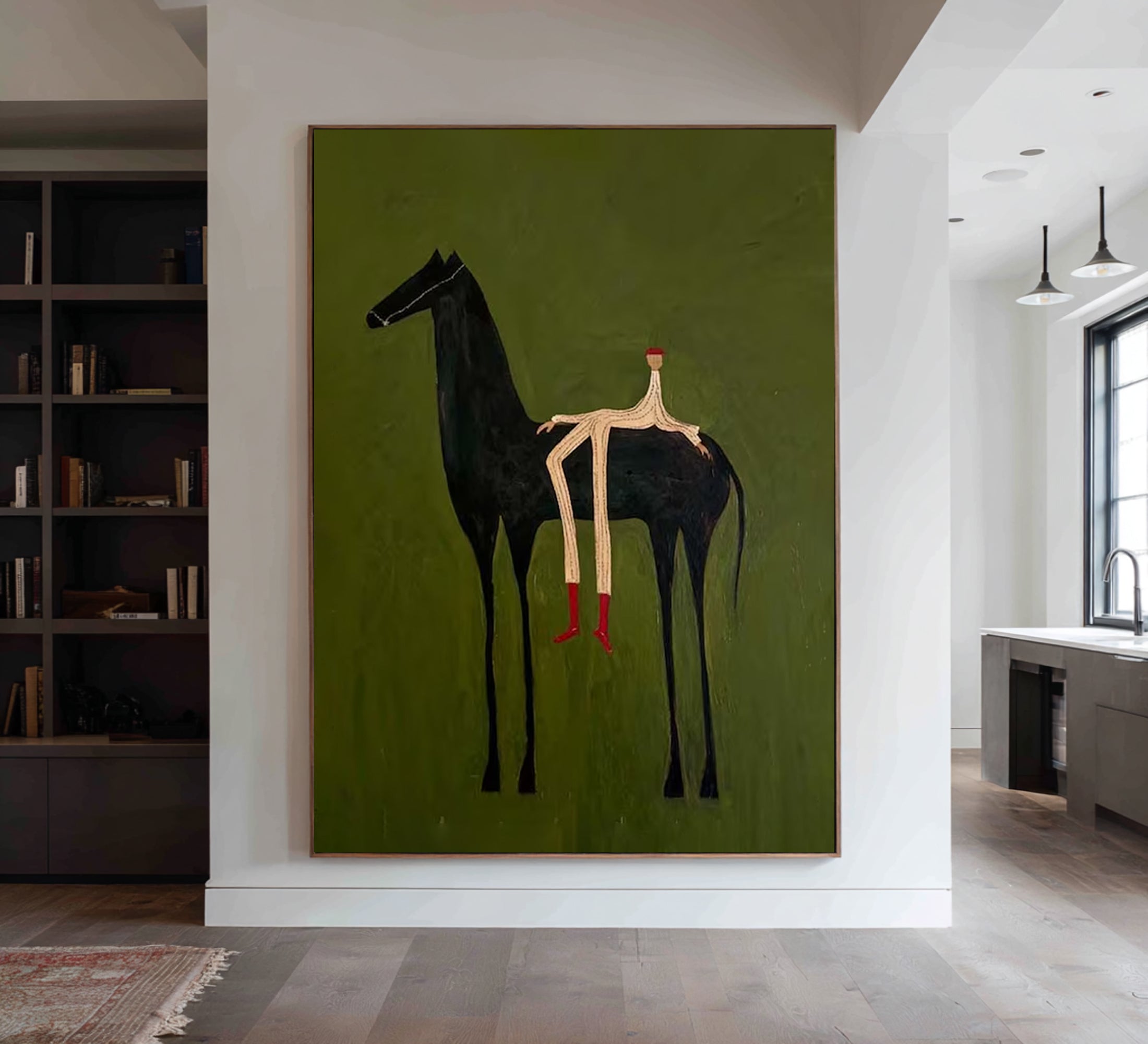 Large Abstract Horse Painting Green Minimalist Figurative Wall Art