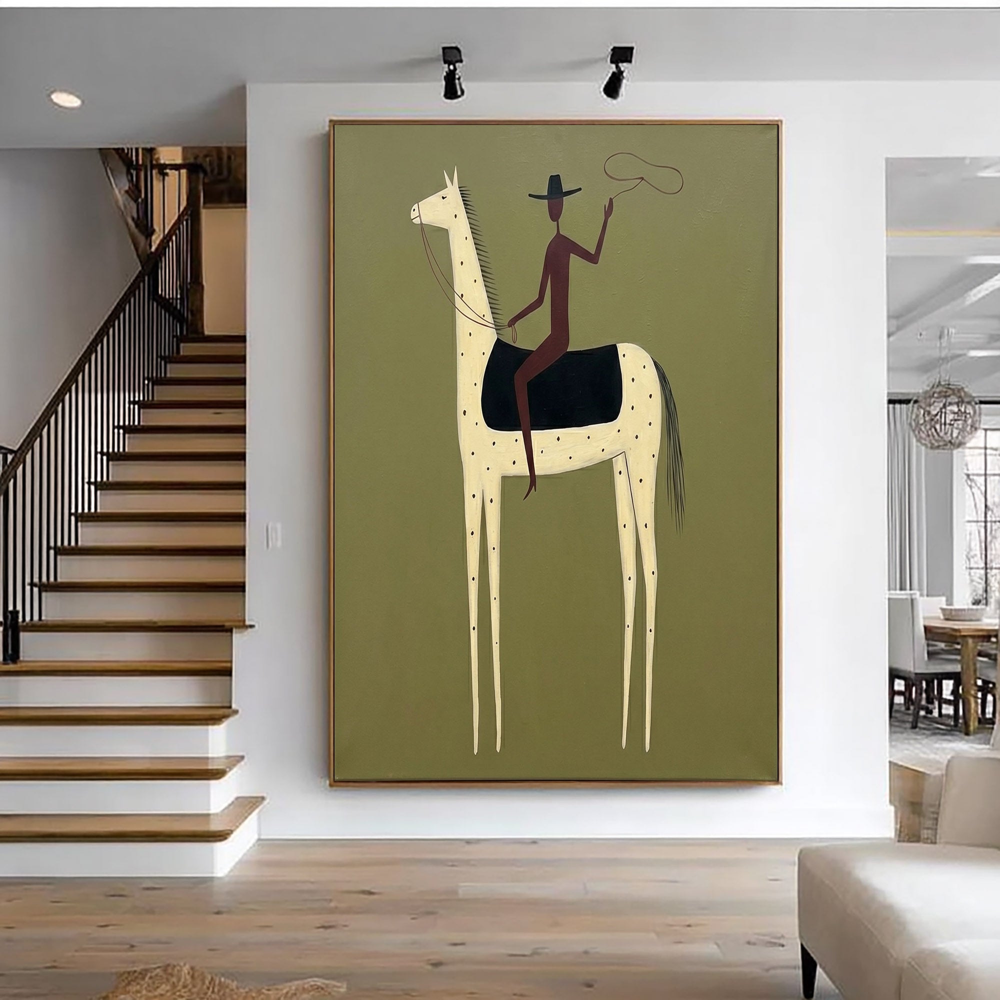 Large Cowboy Horse Wall Art Minimalist Western Painting Artwork
