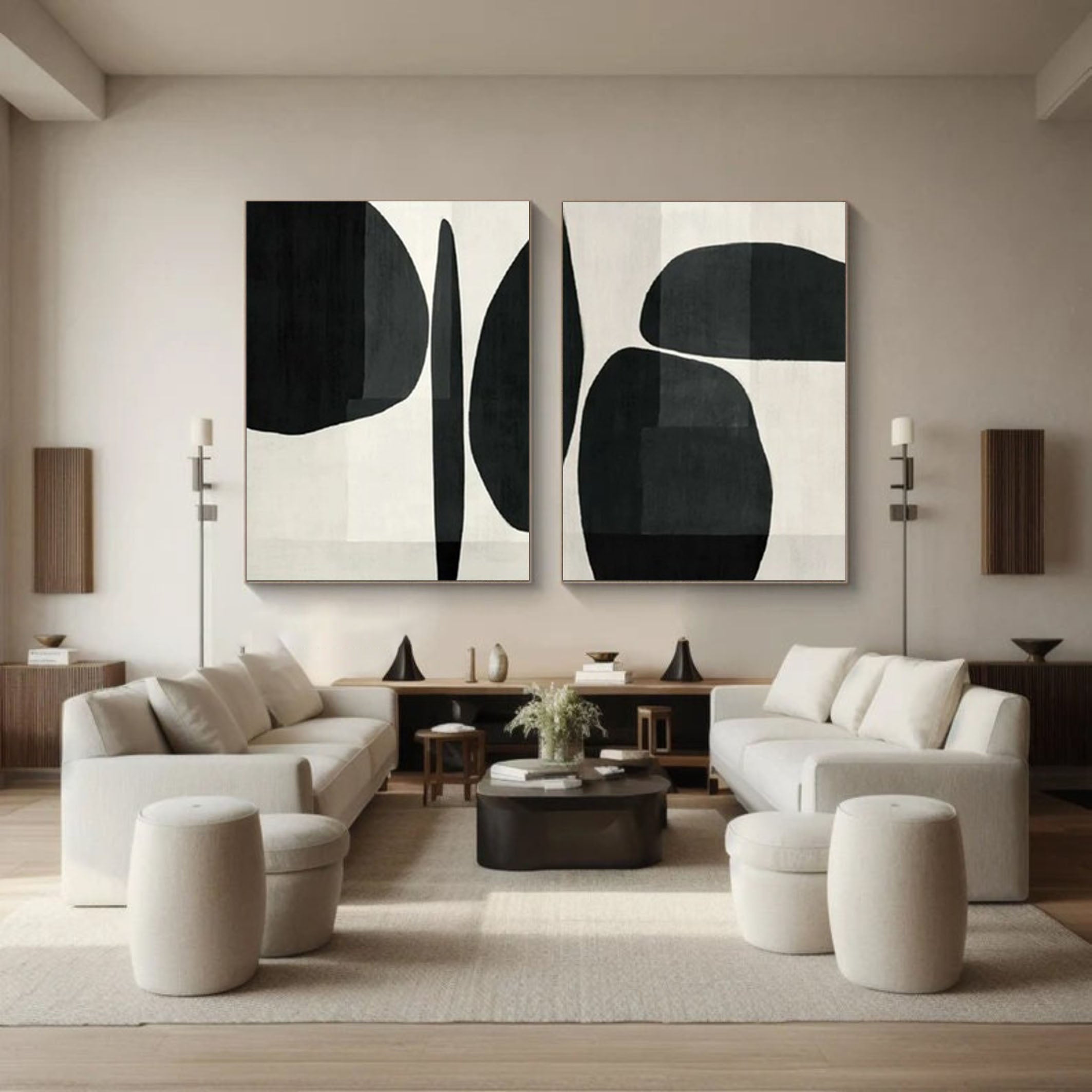 Elegant Minimalist Abstract Art Diptych Black and White Canvas Set #BWS 013