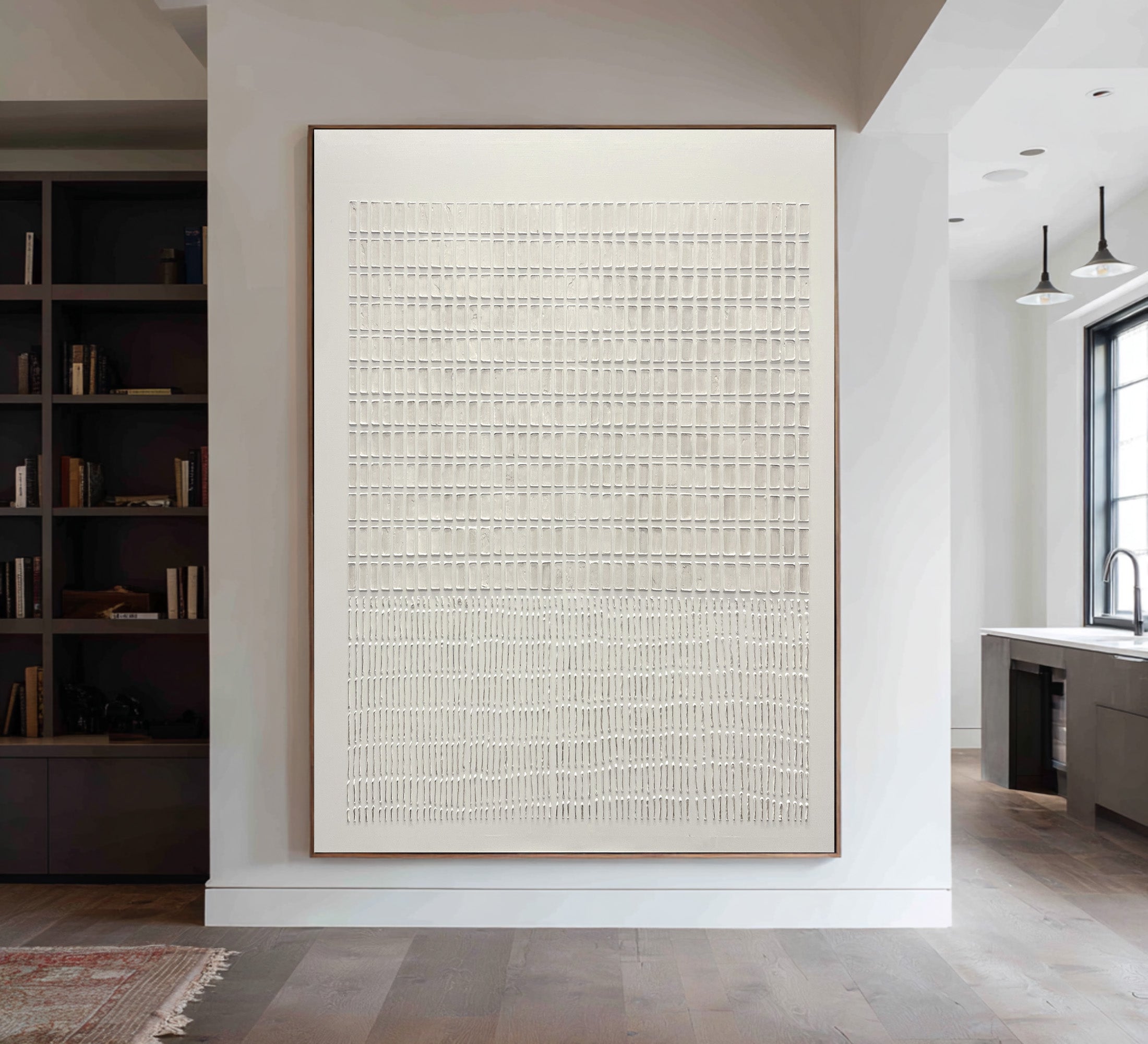 Large Modern Abstract Oil Painting, Beige Textured Grid Luxury Wall Art for Living Room #WAC 024
