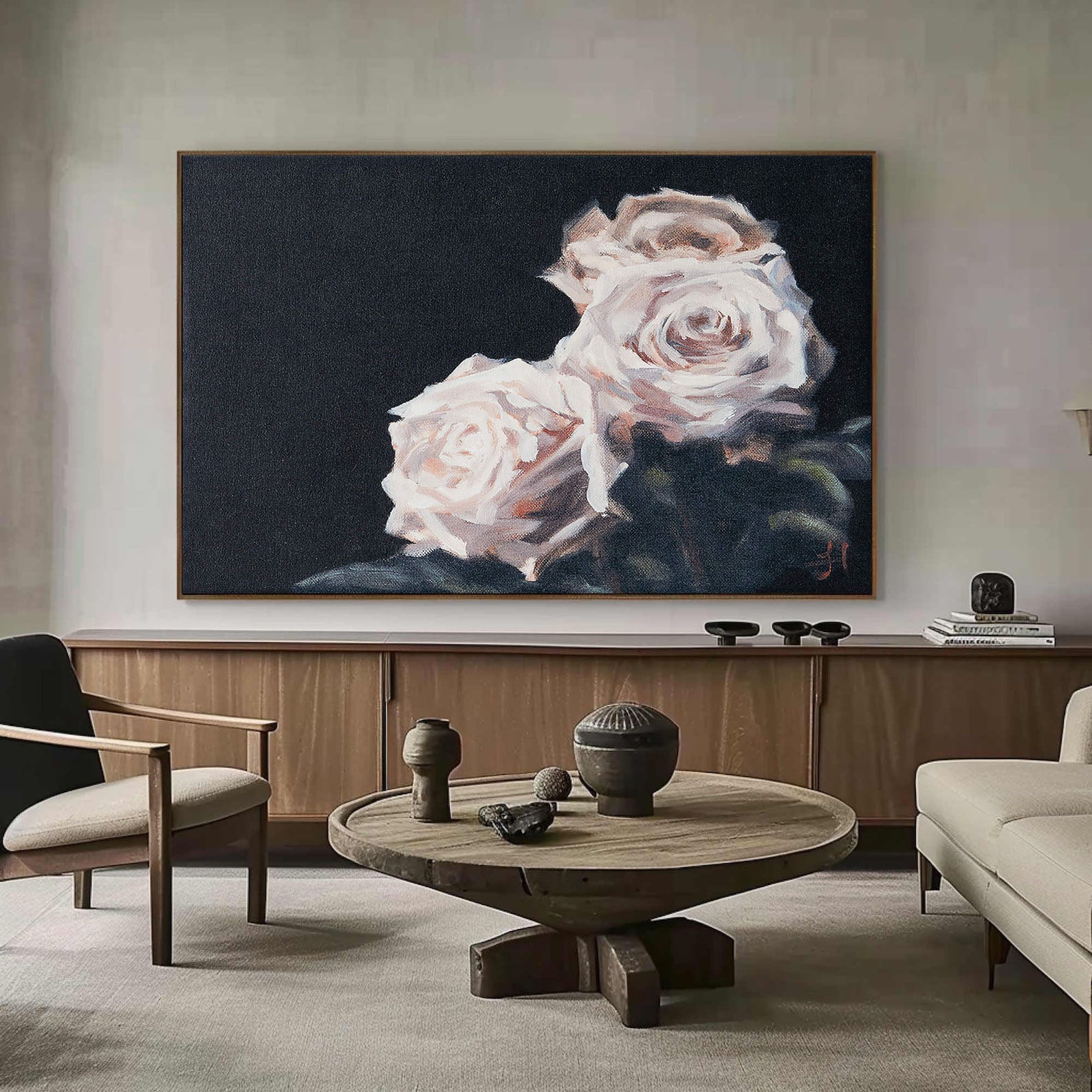 Delicate Rose Blooms In Dark, Contemporary Wall Art #BGA 120