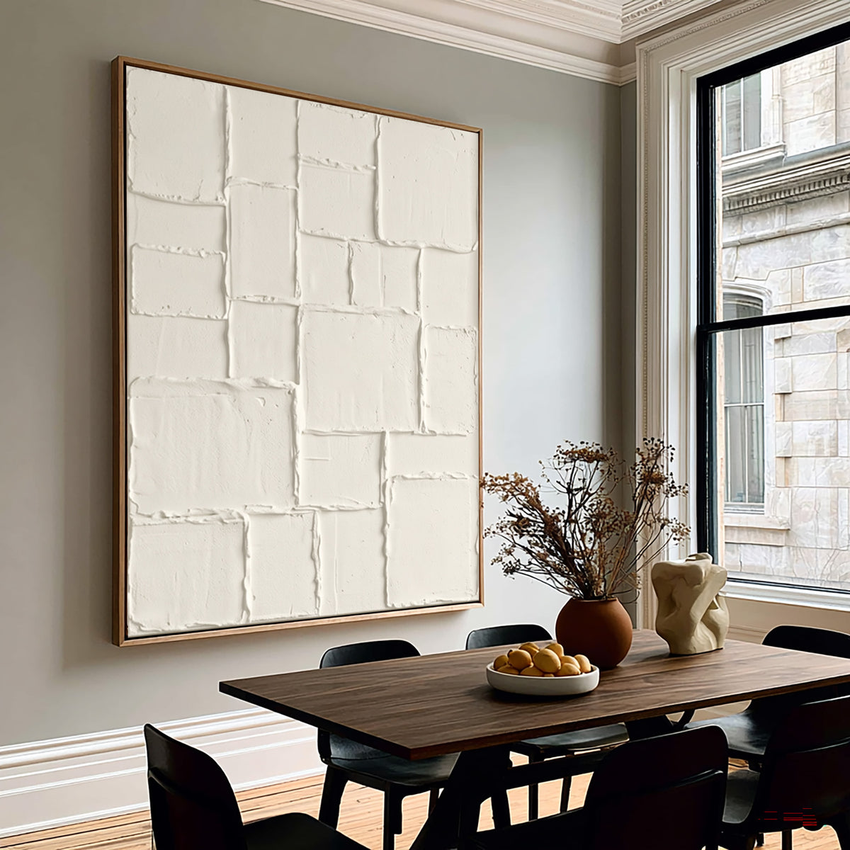 Large Neutral Geometric Patchwork Relief Wall Art Ivory Cream Abstract Oil Painting Raised Rectangular Blocks Textured Sculptural Artwork Modern Minimalist Luxury Home Decor