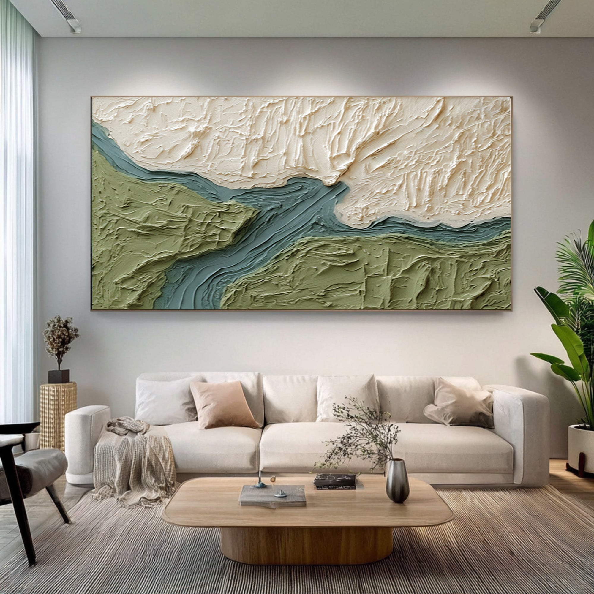 Large Modern Abstract Oil Painting, Green Landscape Textured Wall Art for Living Room #WAC 025