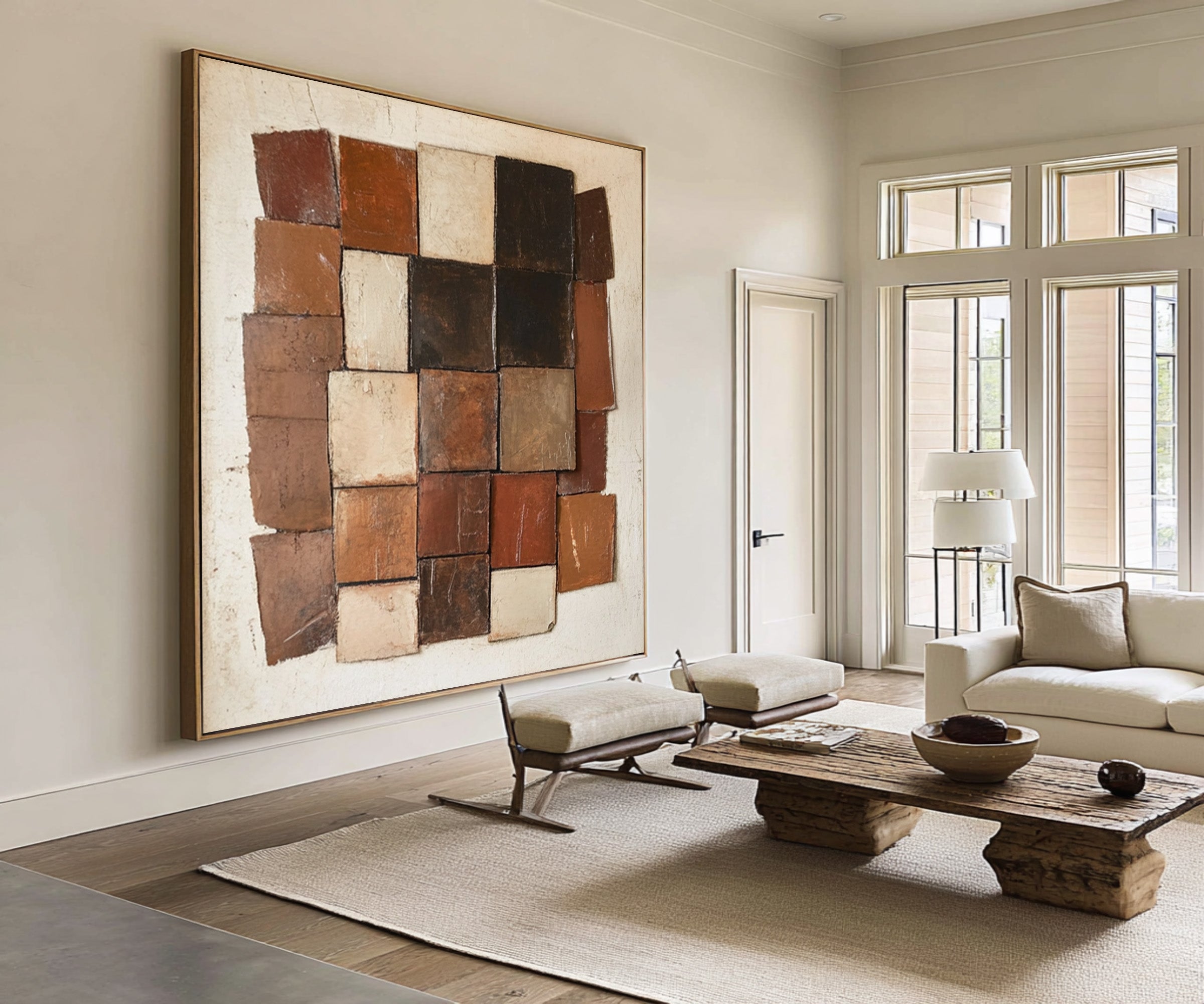 Large Textured Abstract Oil Painting in Earth Tones, Geometric Modern Wall Art for Living Room #WAC 007