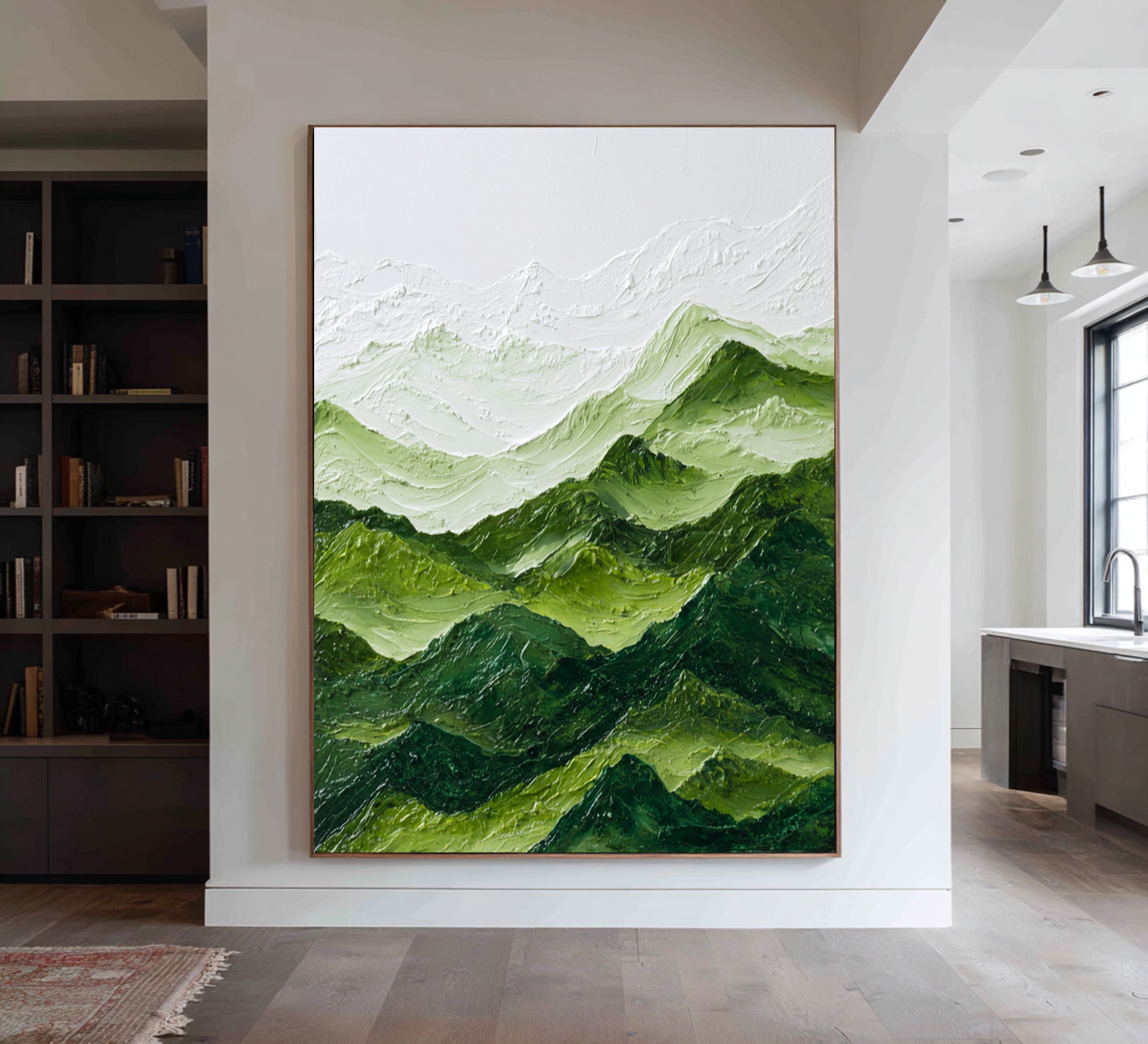Large Textured Abstract Oil Painting, Green Mountain Landscape Wall Art for Modern Living Room #WAC 005