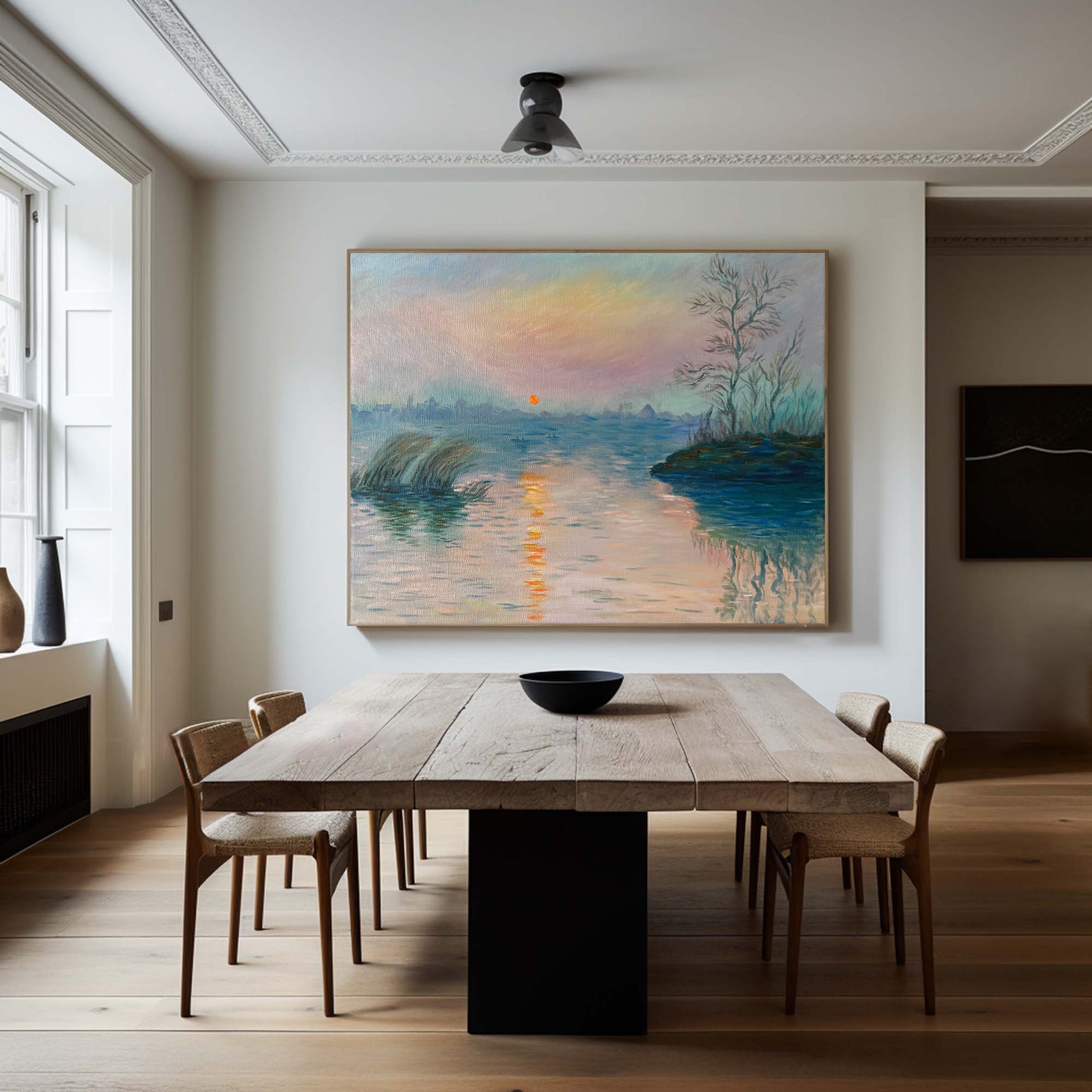 Shoreline Hues: Monet-Style Sunset, Atmospheric Water Art #BGA 191