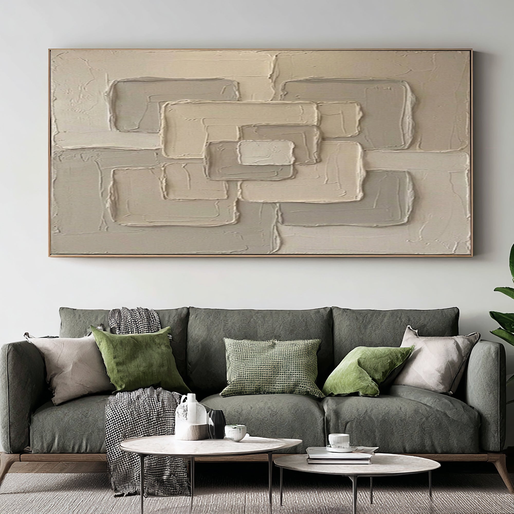 Large Neutral Interlocking Geometric Wall Art Hand Painted Textured Canvas