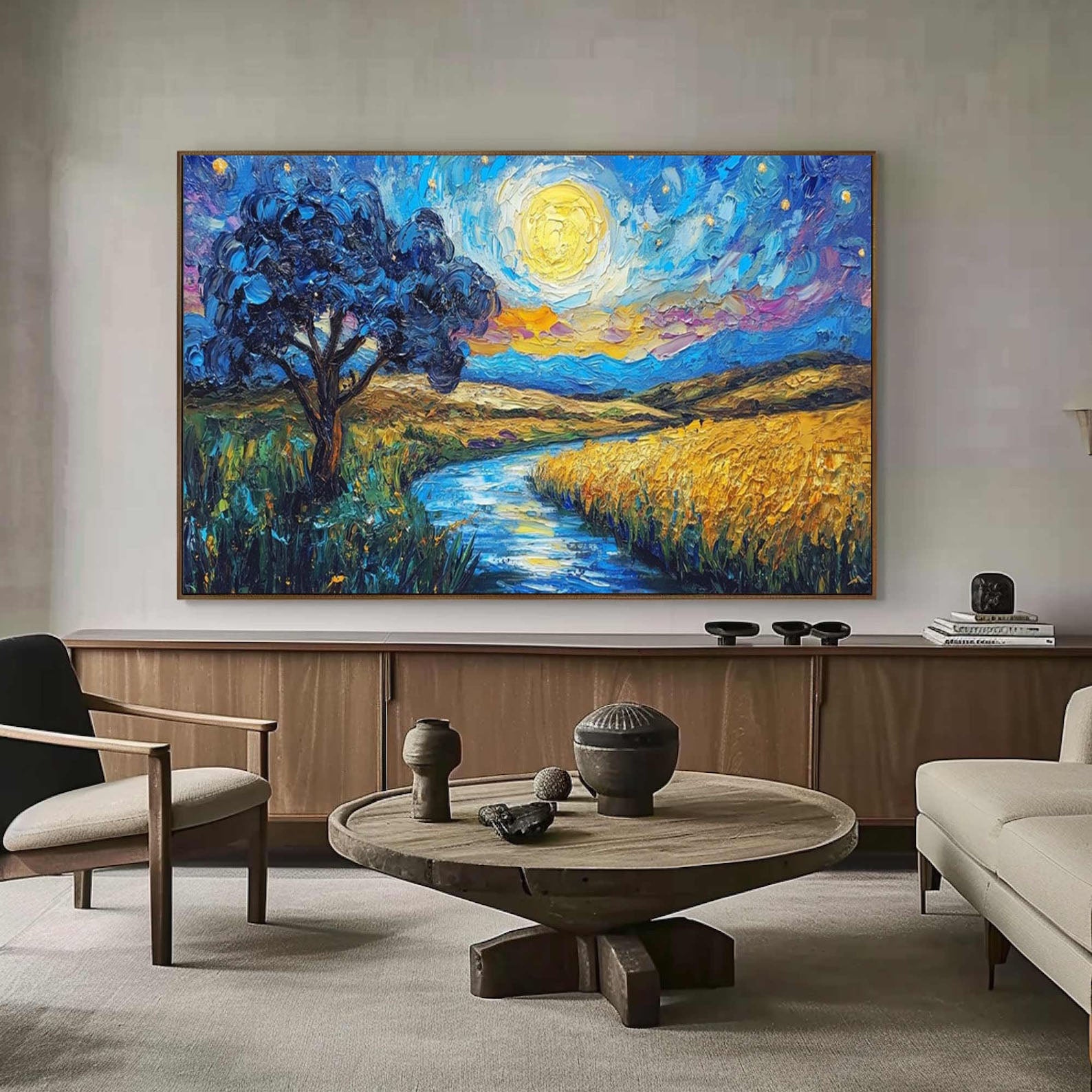 Impasto Moonlit Landscape, Vibrant Colors, Contemporary Art #BGA 101