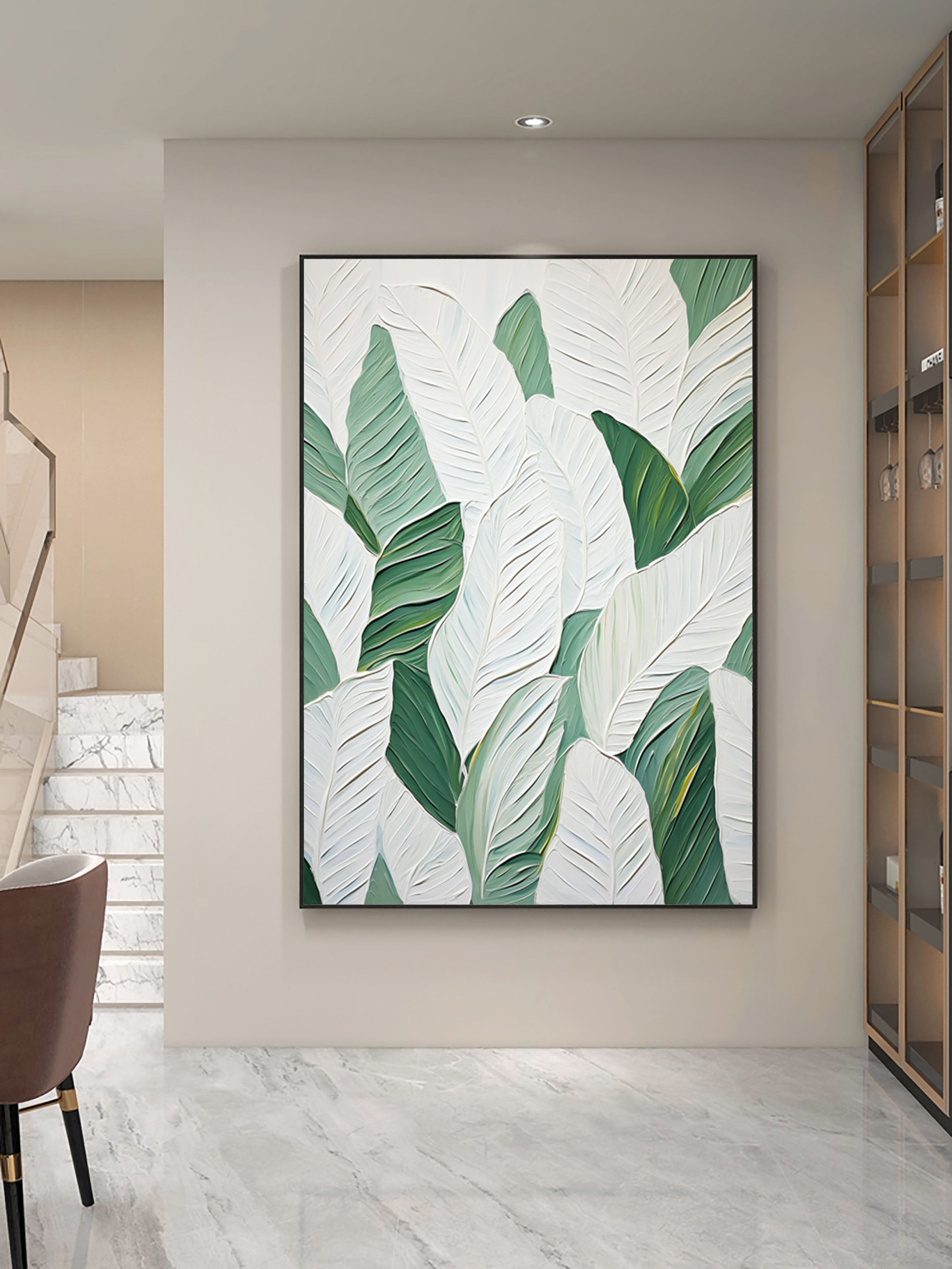 Leaf Symphony: Green and White Botanical Wall Art #BGM 050
