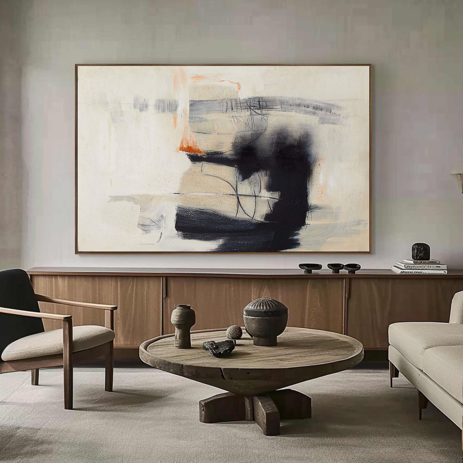 Horizontal Abstract with Dark Calligraphic Forms, Modern Wall Art #BGA 112