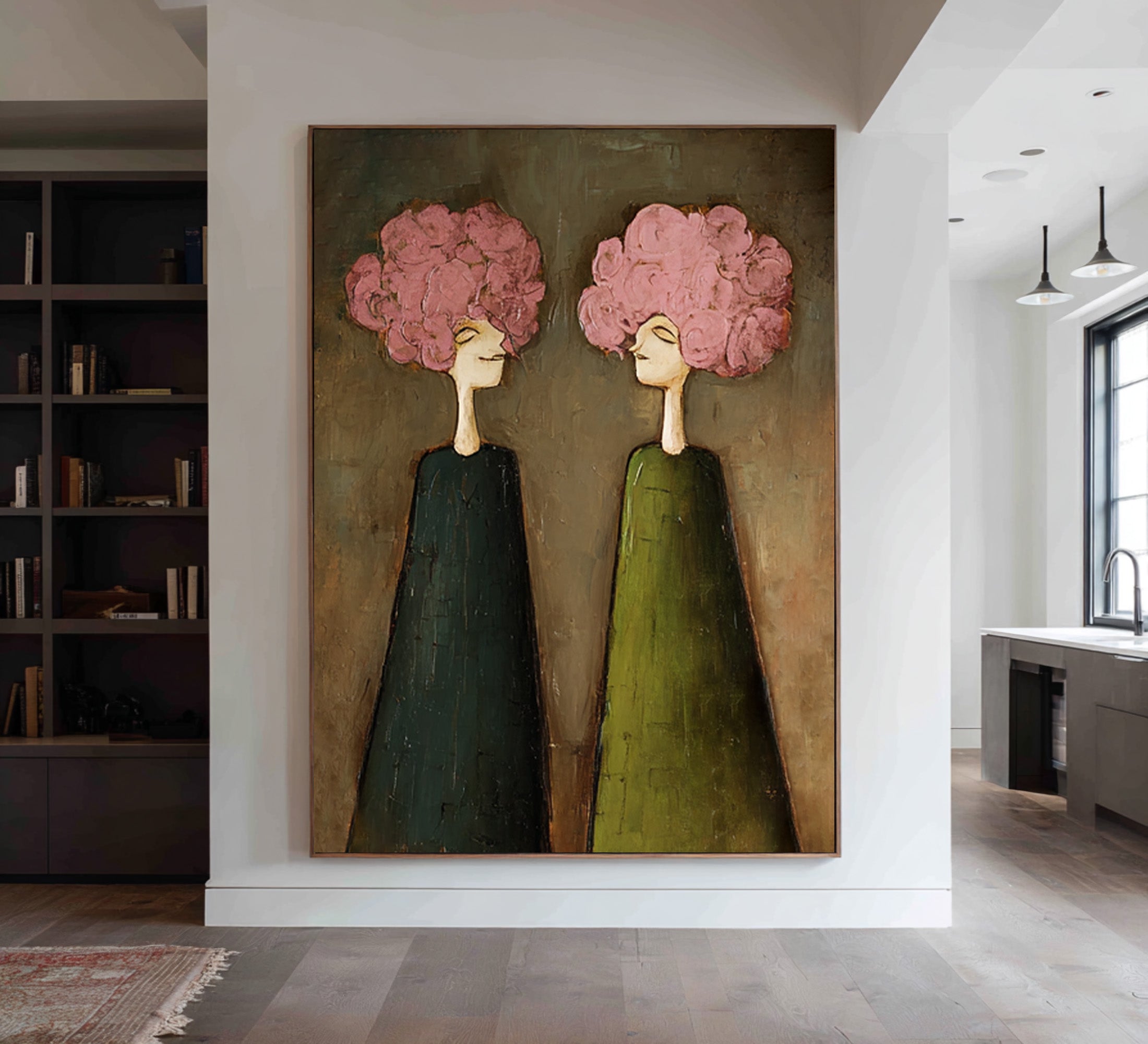 Large Pink Floral Portrait Oil Painting on Canvas – Modern Green Dress Wall Art #WAC 041