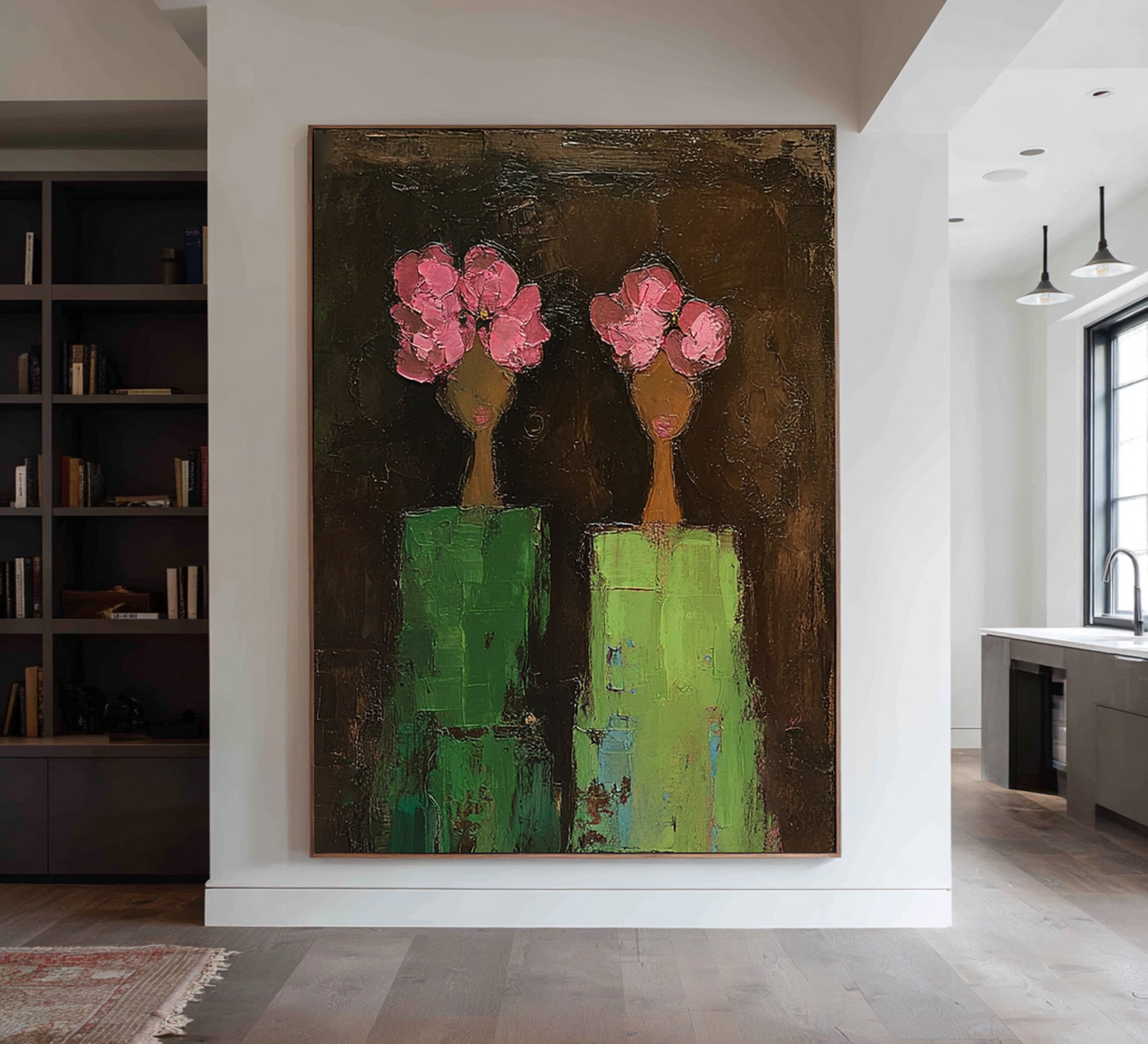 Large Modern Figurative Oil Painting on Canvas – Pink Floral Portrait Statement Wall Art #WAC 039