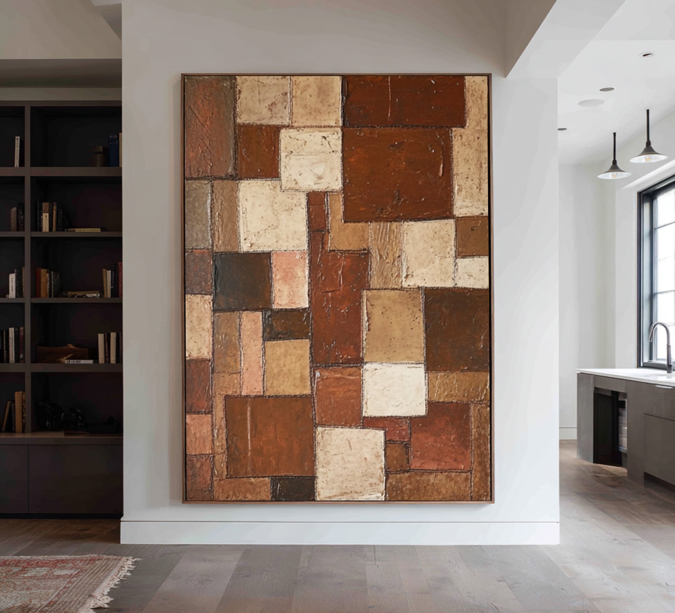 Large Geometric Abstract Oil Painting in Earth Tones, Vertical Contemporary Wall Art for Entryway #WAC 003