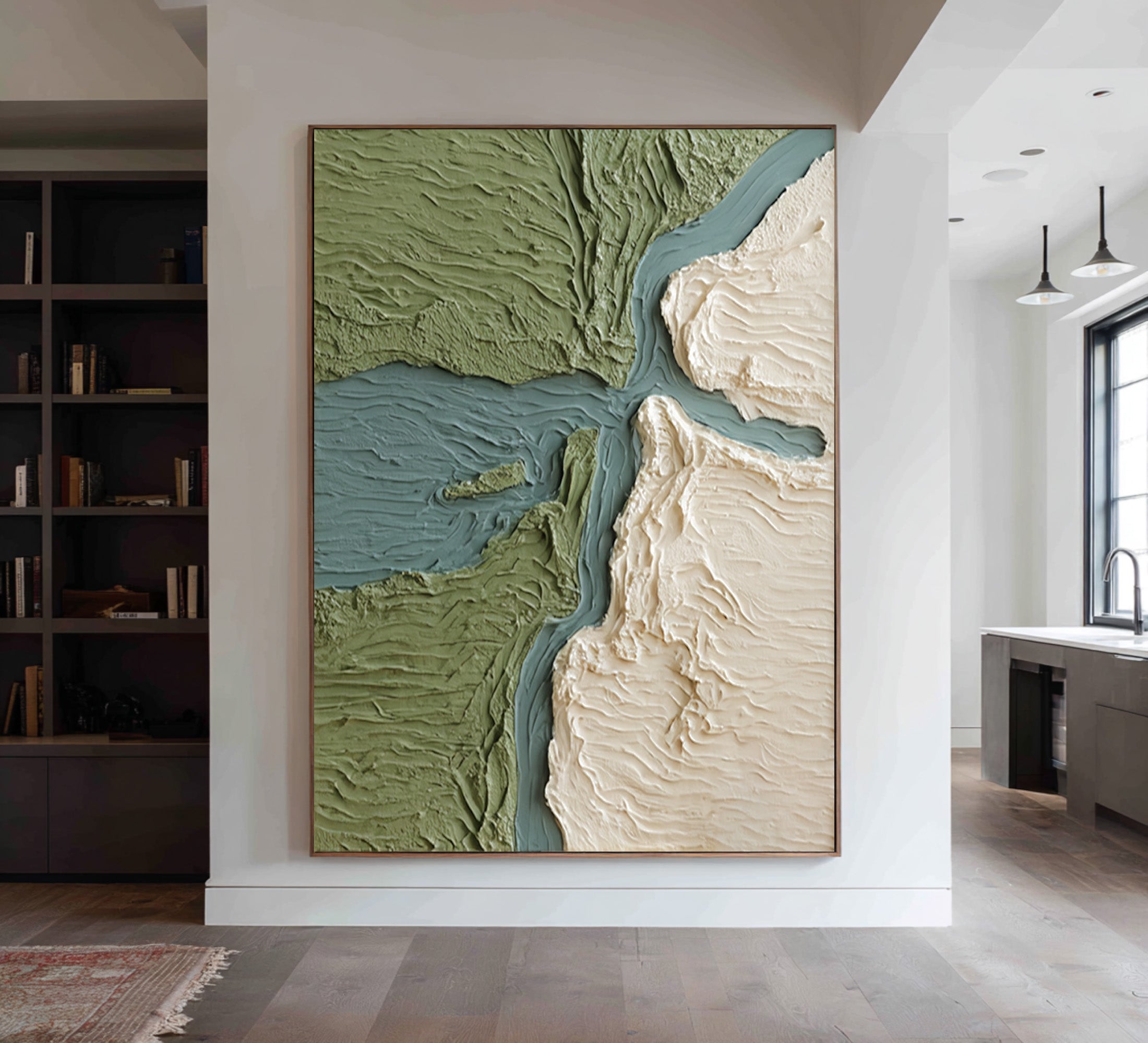 Large Modern Abstract Oil Painting, Minimal Green Landscape Textured Wall Art for Interior #WAC 029