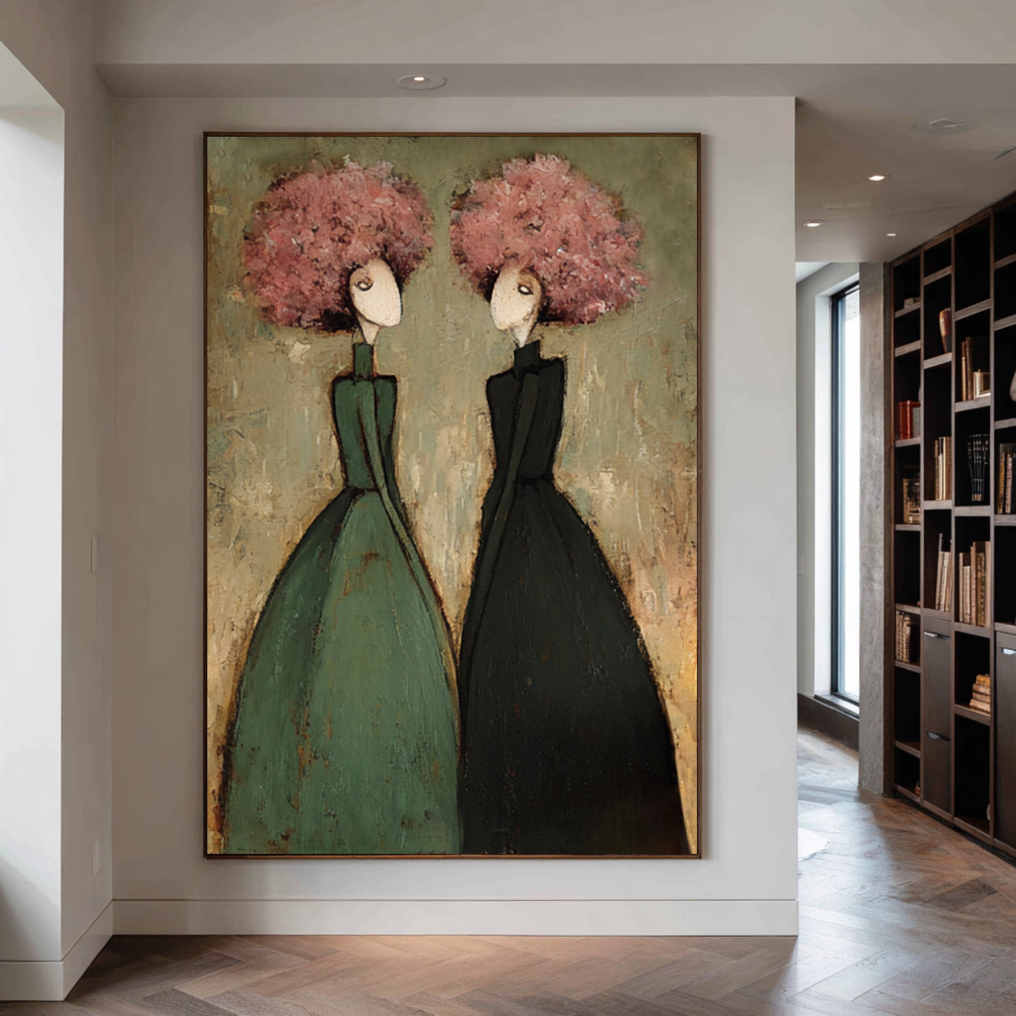Large Contemporary Portrait Oil Painting on Canvas – Green and Pink Modern Wall Art #WAC 035