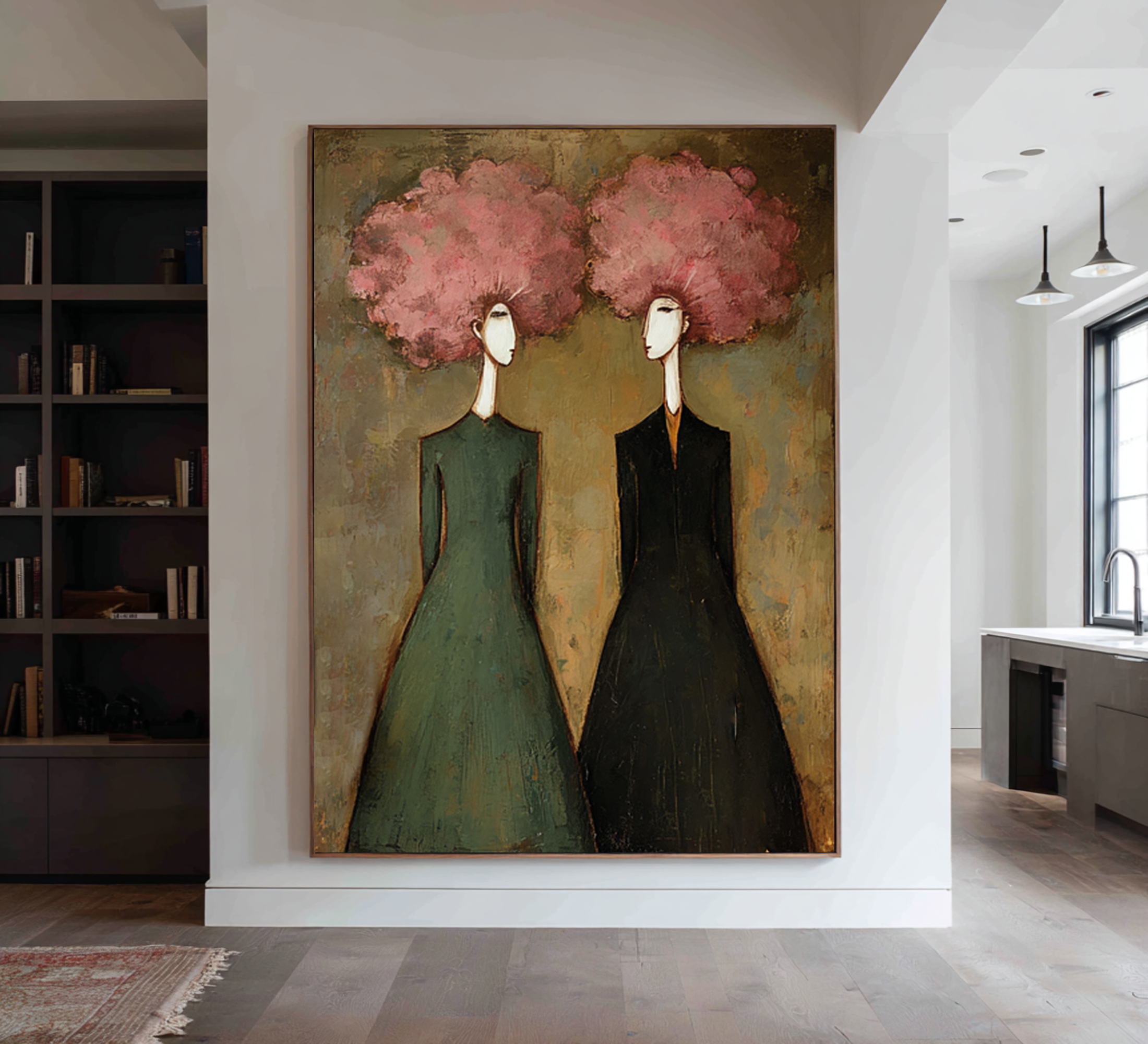 Large Abstract Pink Portrait Oil Painting – Green and Black Modern Wall Art Decor #WAC 044