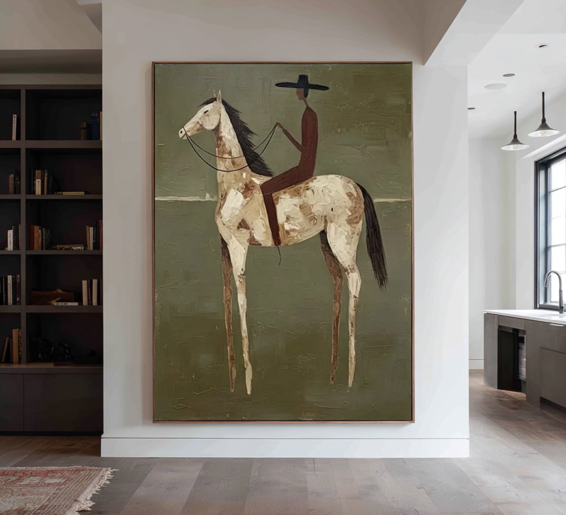 Large Minimalist Horse Rider Painting Contemporary Olive Green Wall Decor