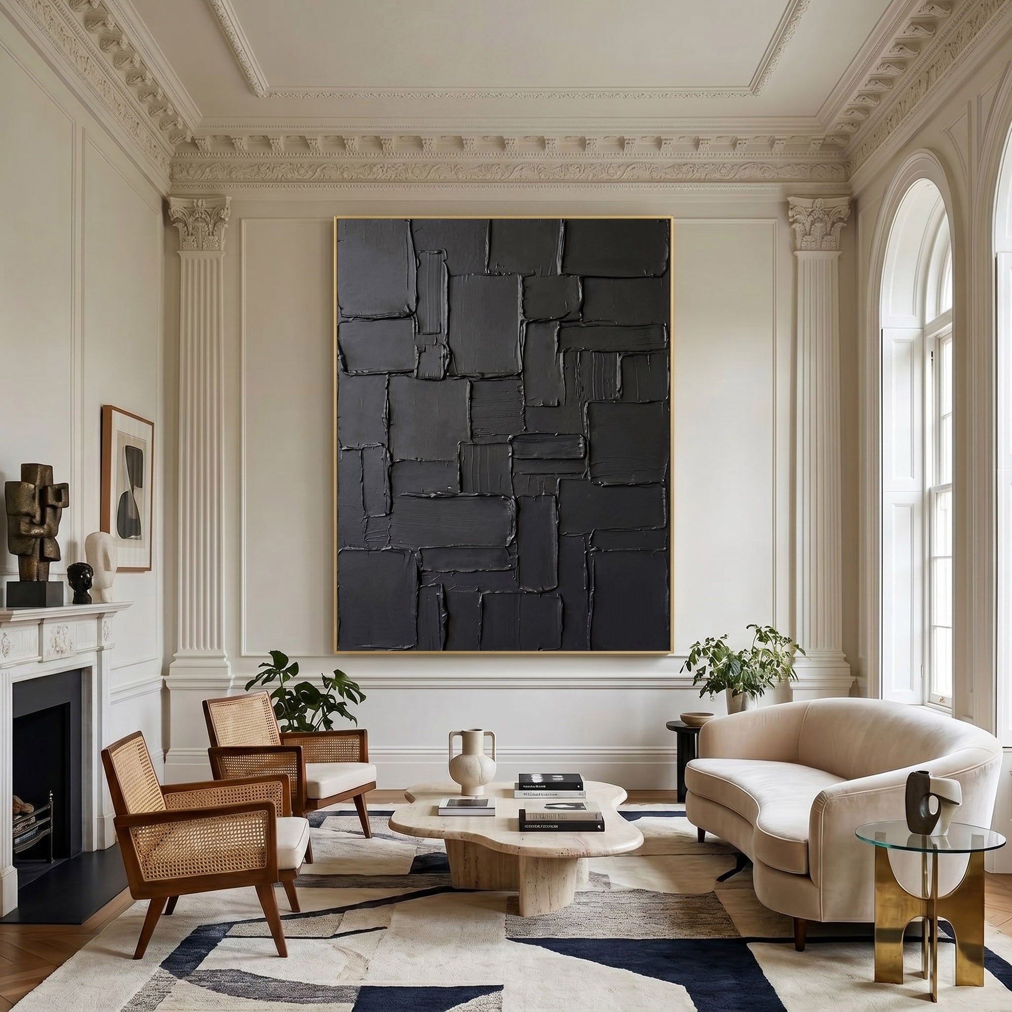 Black Textured Wall Art Abstract Plaster Relief Painting Modern 3D Impasto Minimalist Luxury Decor