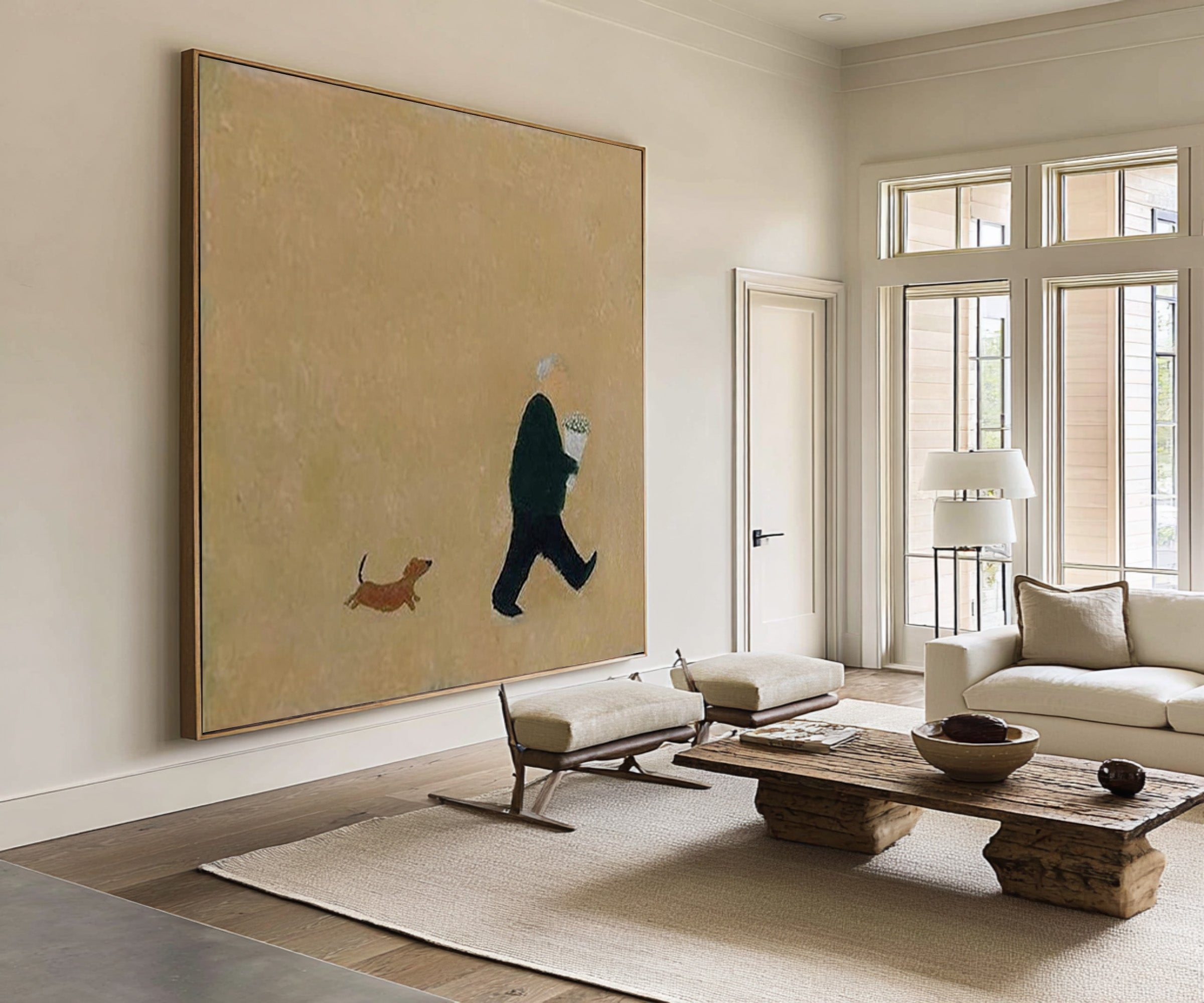 Large Minimalist Figure and Dog Abstract Oil Painting, Warm Modern Wall Art for Home Decor #WAC 015