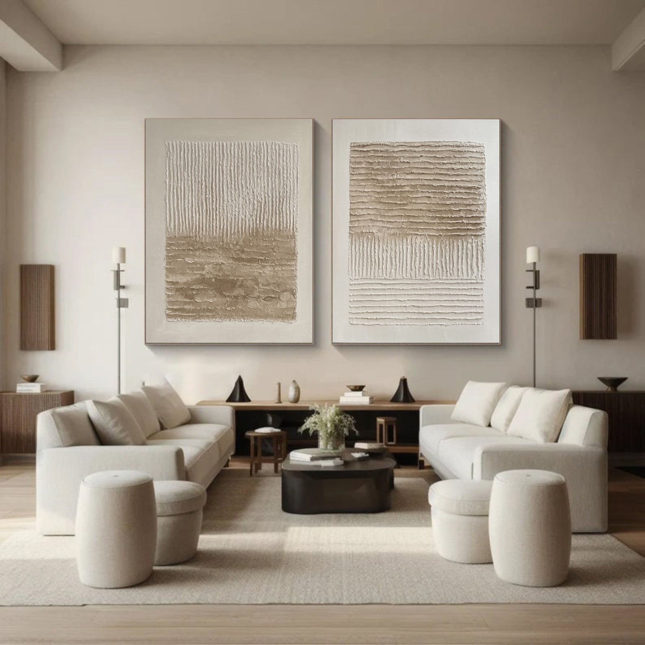 Minimalist Abstract Diptych in Neutral Linear Relief #BGA 276