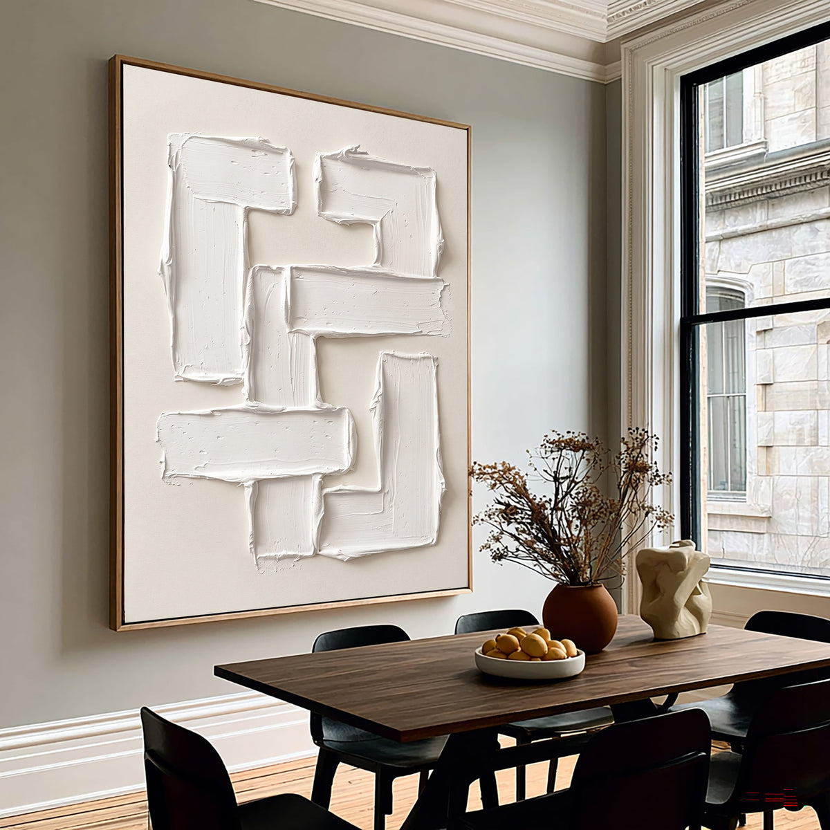 Large Luxury Sculptural Geometric Statement Wall Art Ivory Abstract Textured Oil Painting 3D Impasto Relief Contemporary Home Decor
