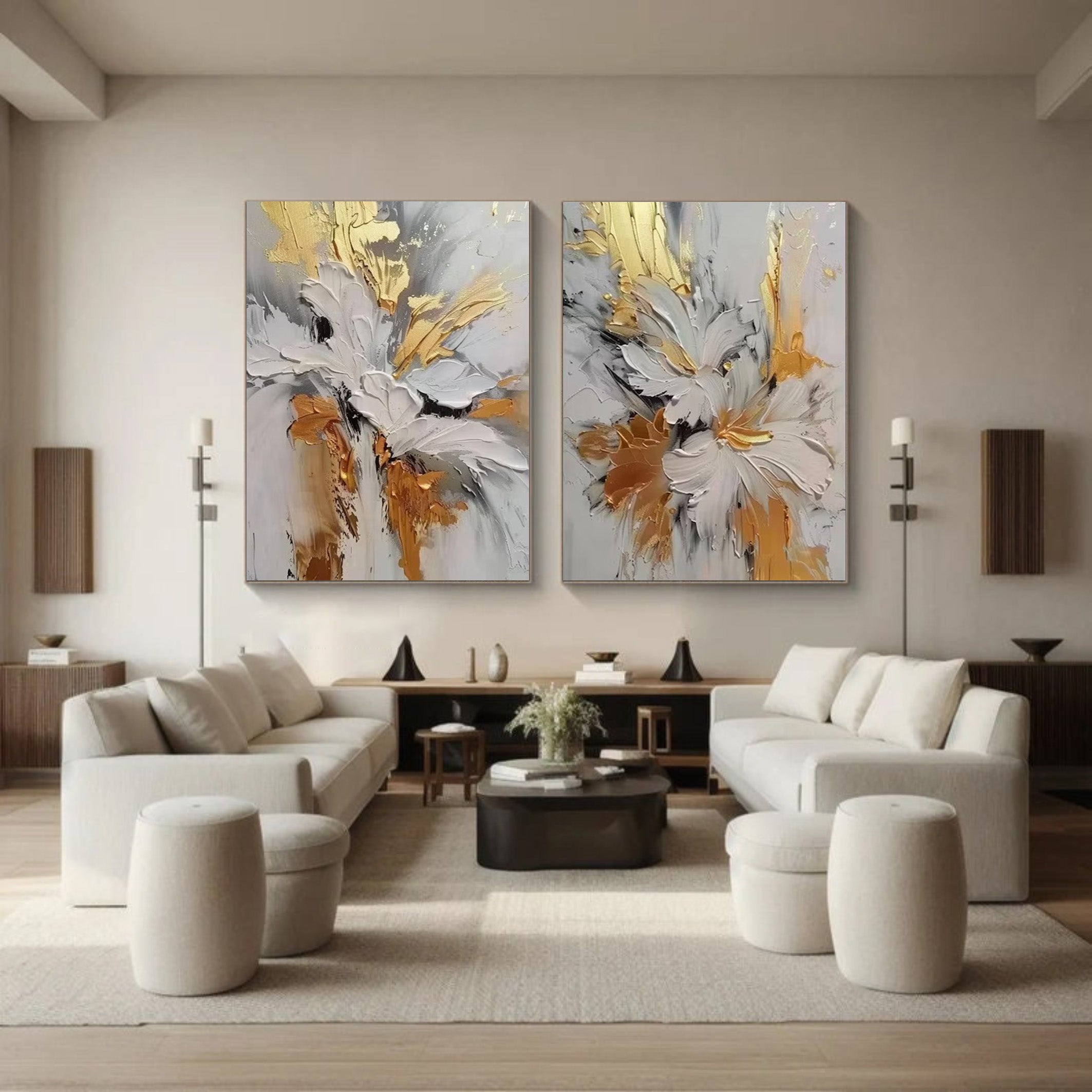 Gilded Bloom: Set of Two 3D Floral Art, Gold Accent Texture #BGA 214