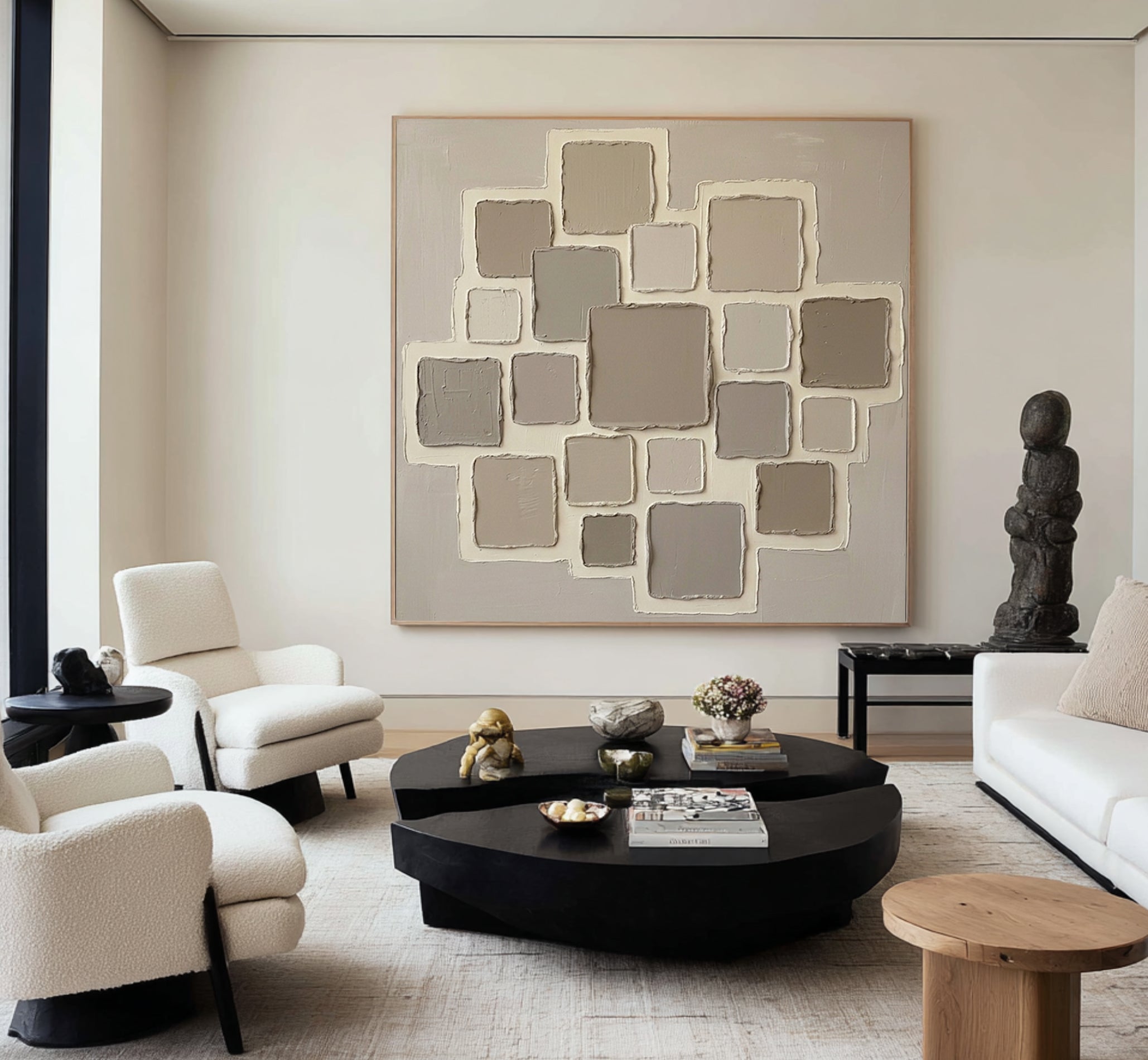 Large Neutral Geometric Oil Painting – Minimalist Beige Texture Wall Art