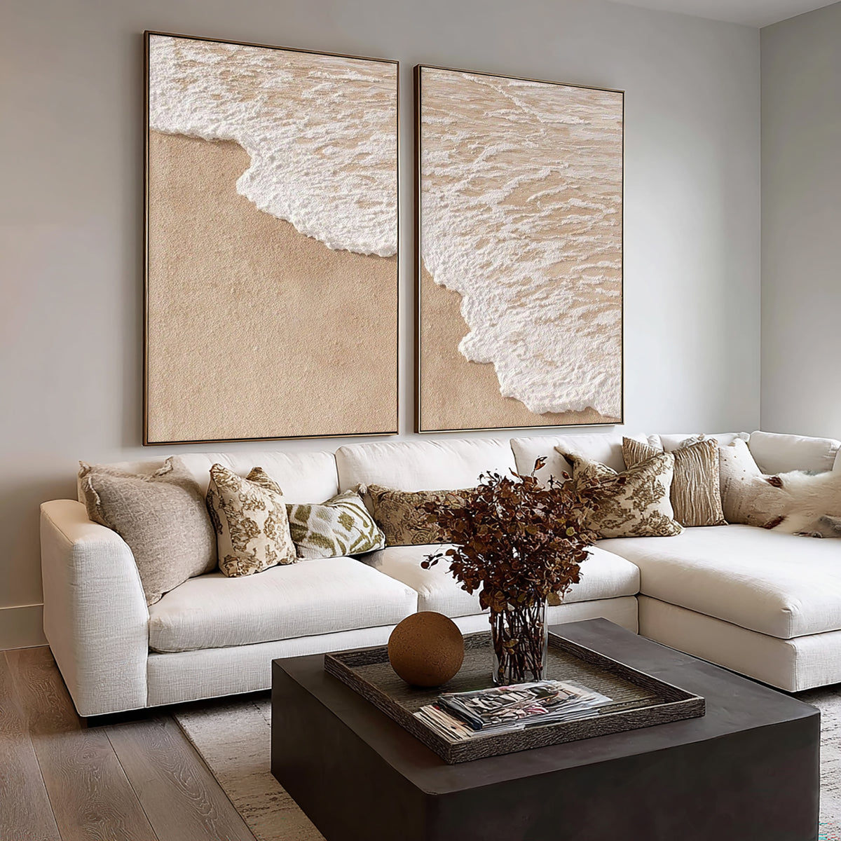 The Edge Of The Tide Large Textured Coastal Diptych White Wave Beach Wall Art Contemporary Artwork