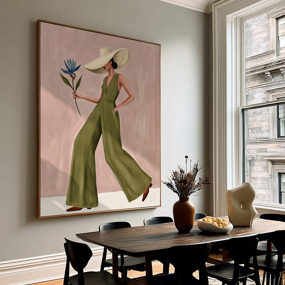 Modern Woman Painting Fashion Wall Art with Floral Details