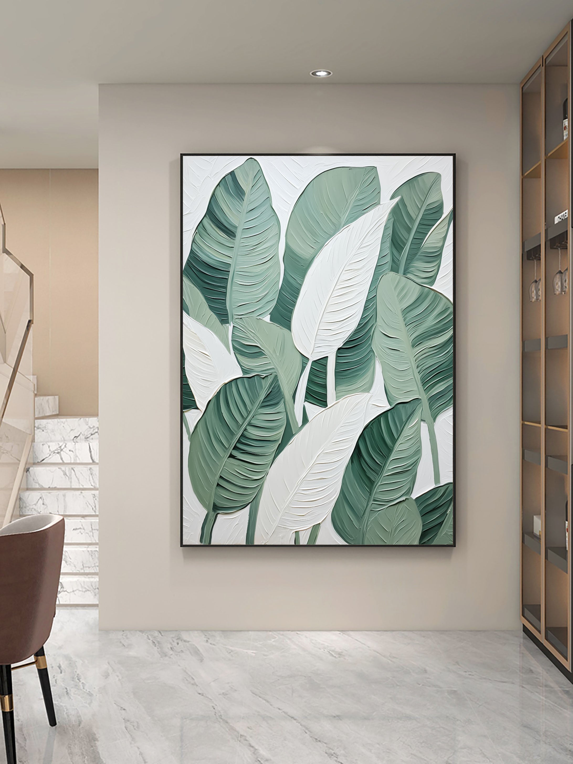 Leaf Symphony: Green and White Botanical Wall Art #BGM 049