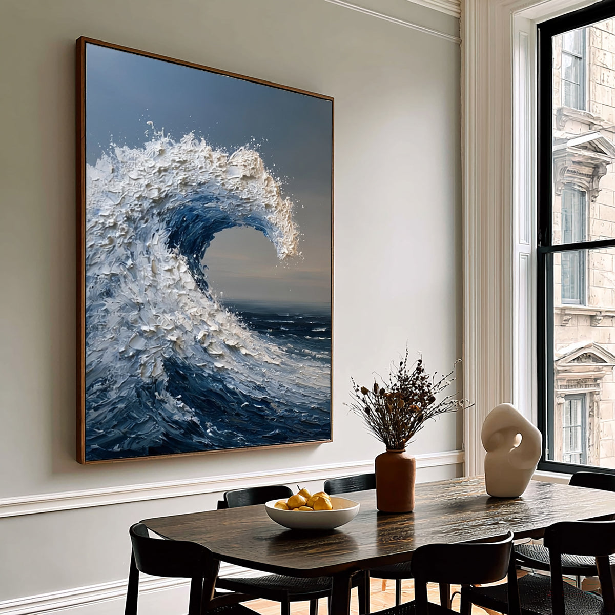 Large Coastal Ocean Wave Wall Art Textured Oil Painting Blue Sea Artwork Modern Beach House Decor Luxury Interior Design