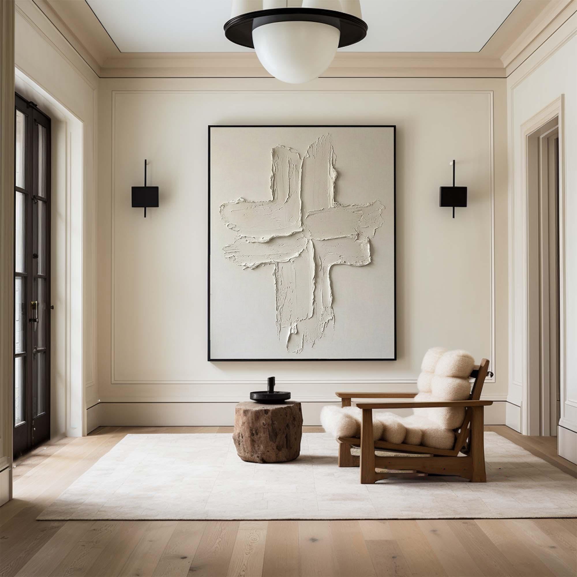 Large Minimalist Oil Painting with Raw Textured Cross Composition