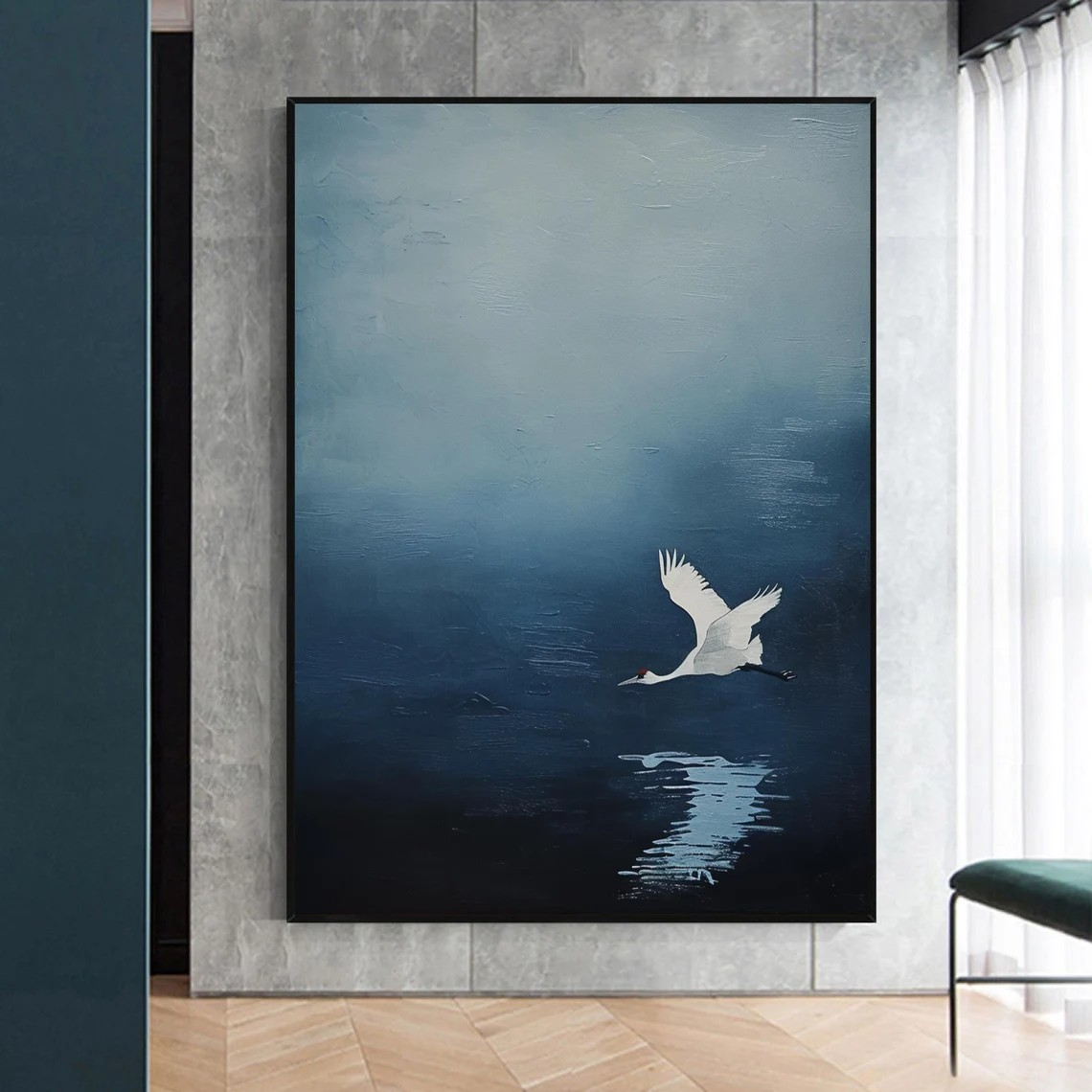 Tranquil Blue Minimalist Landscape Art With Crane in Flight #BGA 150