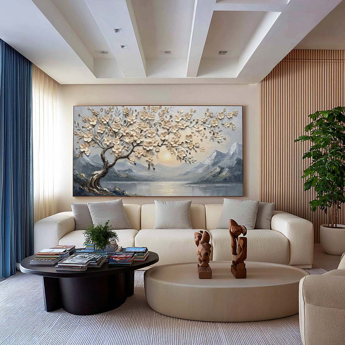 Large Textured Blossom Tree Painting Mountain Lake Floral Wall Art