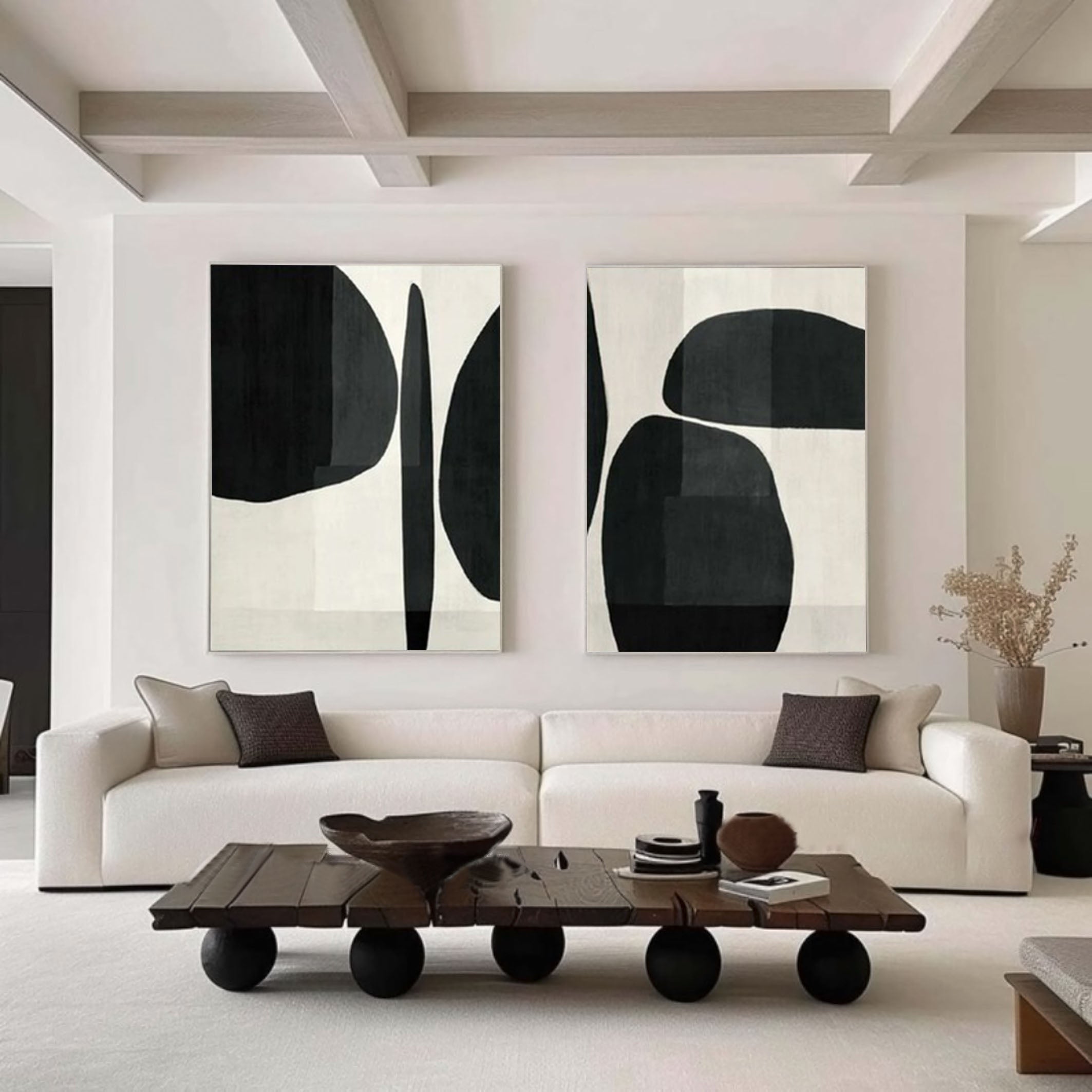Elegant Minimalist Abstract Art Diptych Black and White Canvas Set #BWS 013