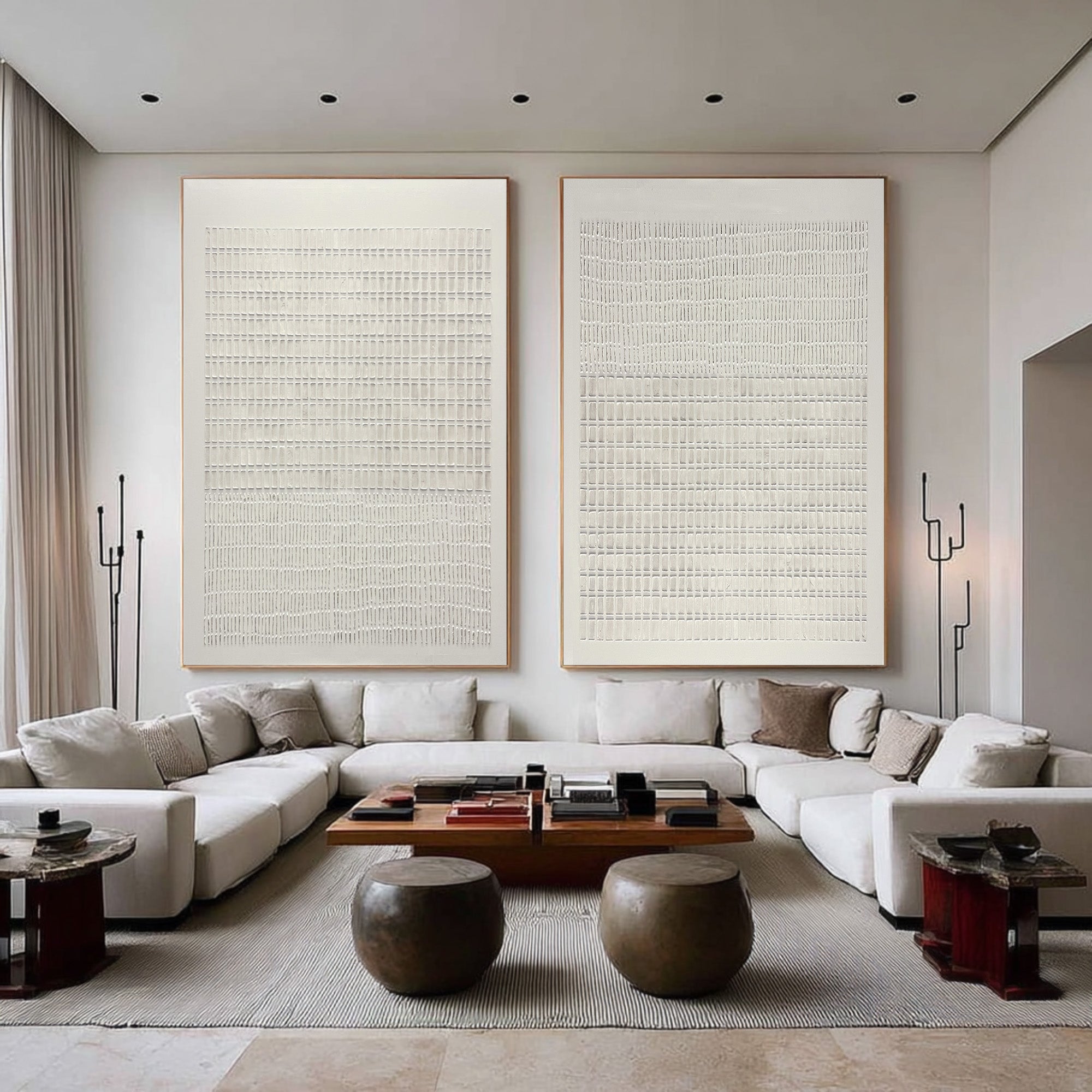 Large Minimal Abstract Oil Painting Set, Beige Grid Textured Wall Art for Living Room Decor #WAC 019
