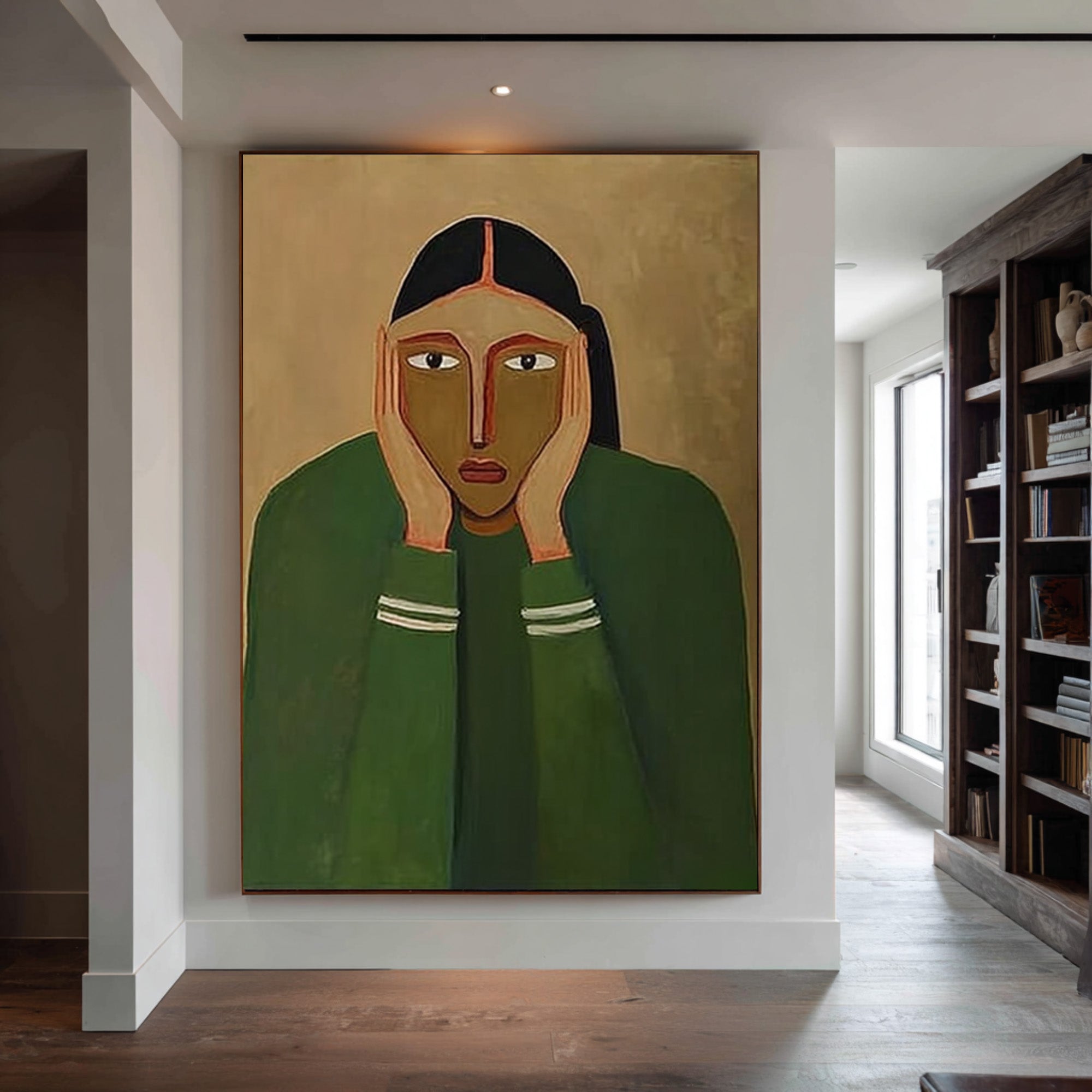 Large Modern Abstract Portrait Oil Painting in Green Tones, Emotional Wall Art for Living Room #WAC 030