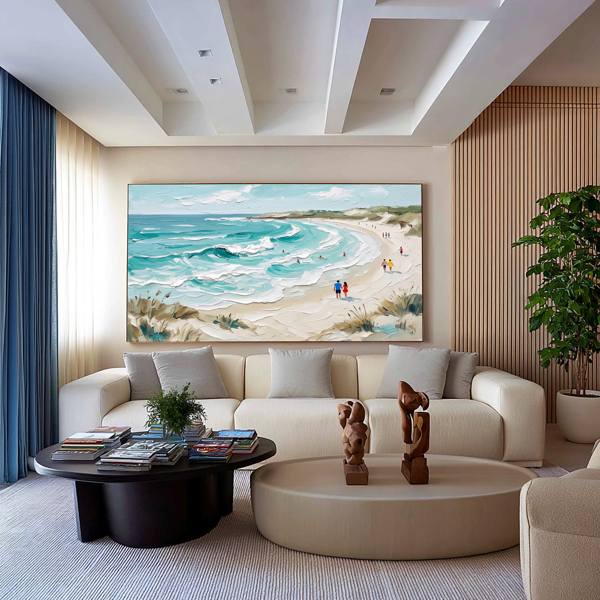 Large Textured Beach Painting Turquoise Ocean Waves Coastal Wall Art