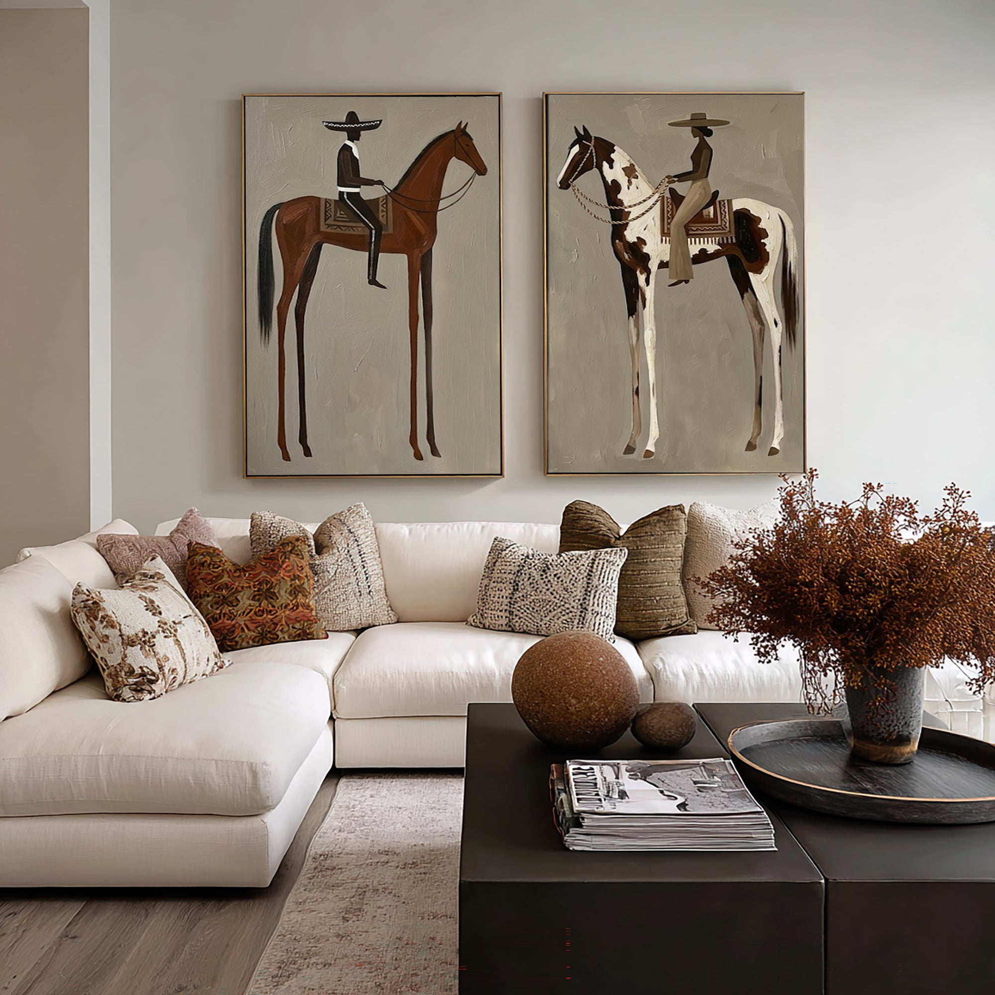 Large Cowboy Horse Wall Art Contemporary Western Diptych Canvas Painting