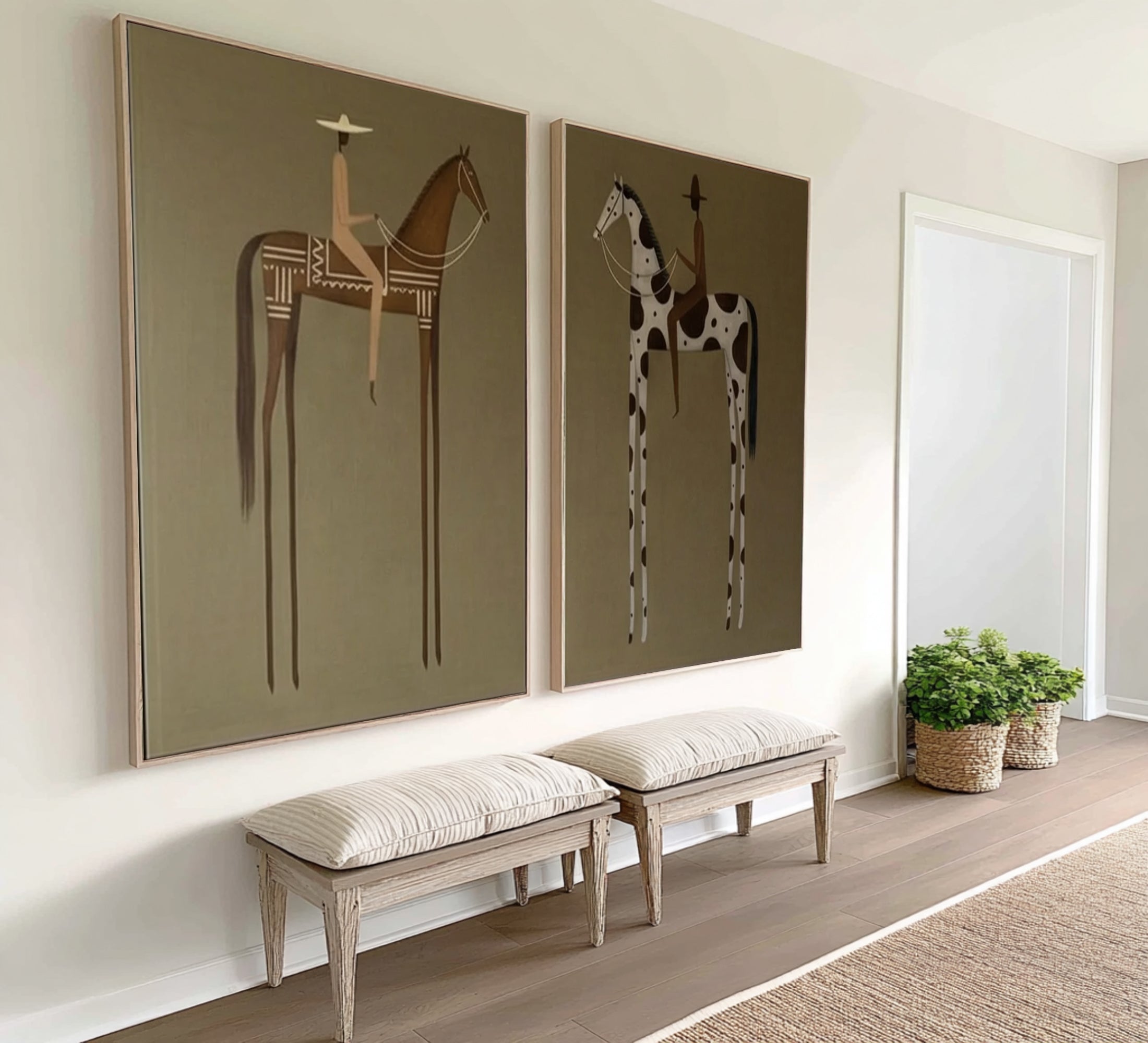 Large Equestrian Diptych Painting Modern Horse Rider Wall Art