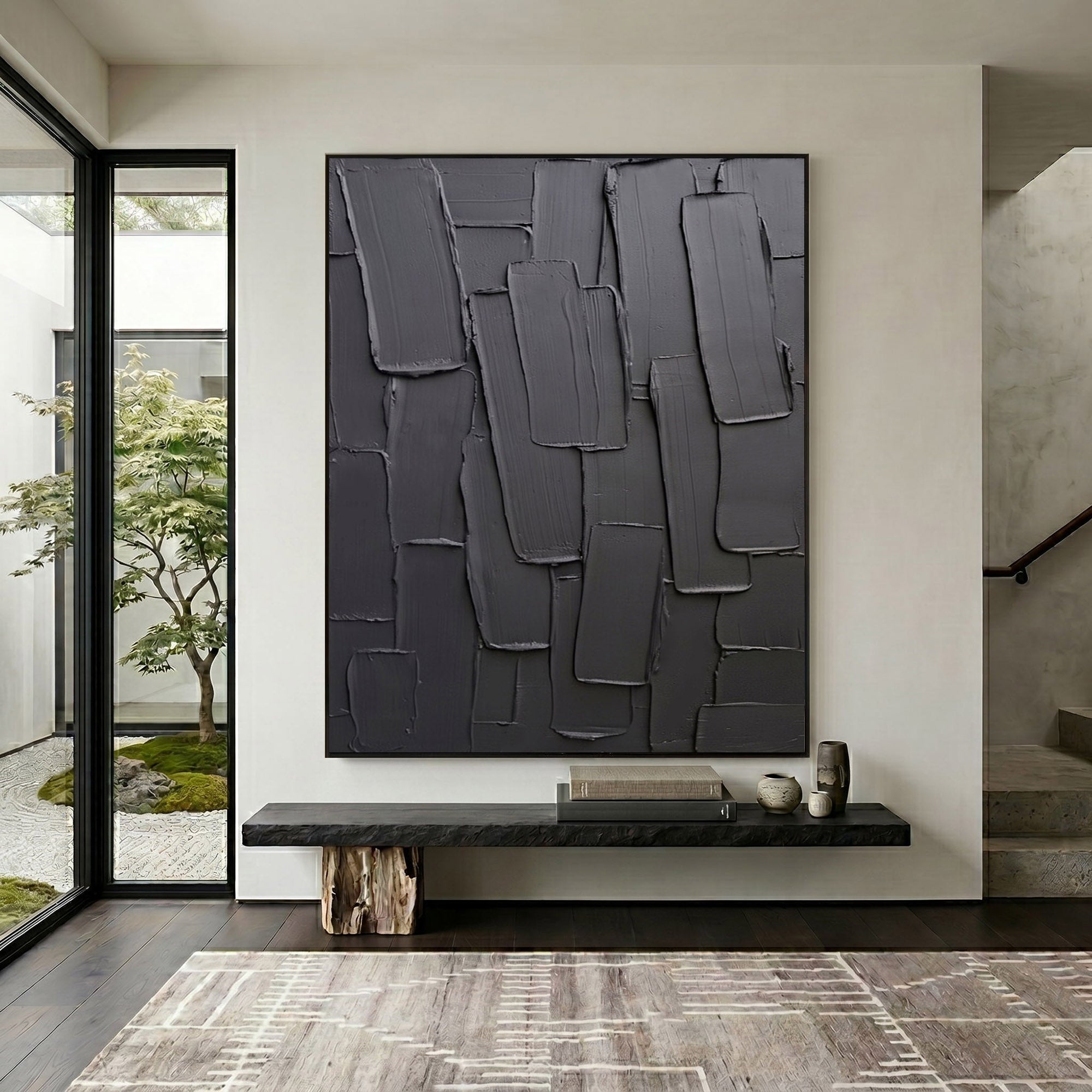 Dark Gray Textured Wall Art Abstract Plaster Relief Painting Modern 3D Impasto Minimalist Luxury Decor