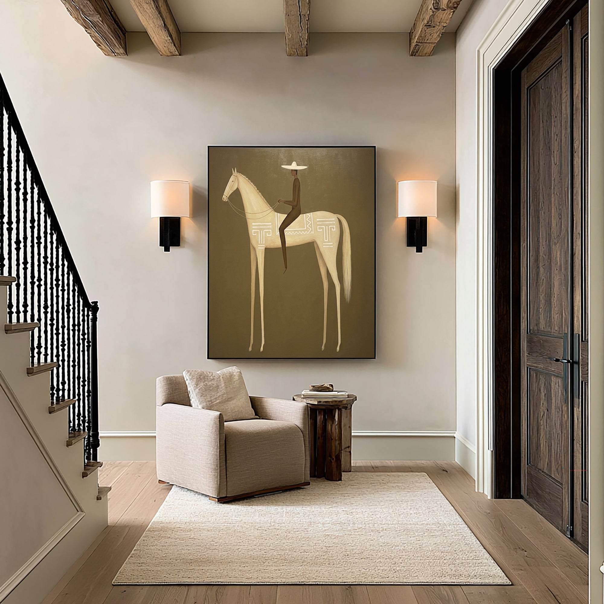 Large Modern Horse Rider Wall Art Equestrian Oil Painting Cowboy Cowgirl Inspired Vintage Americana Western Artwork Contemporary Home Decor