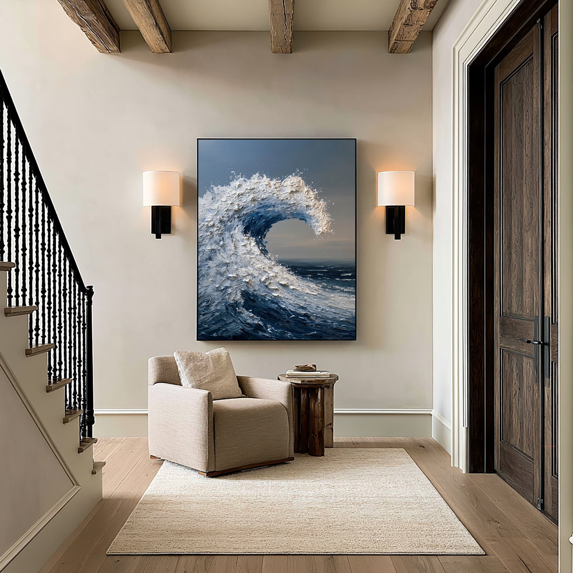 Large Coastal Ocean Wave Wall Art Textured Oil Painting Blue Sea Artwork Modern Beach House Decor Luxury Interior Design