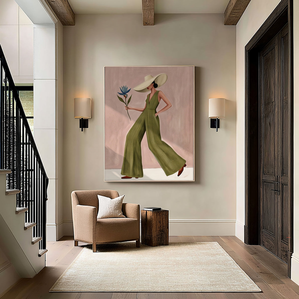 Modern Woman Painting Fashion Wall Art with Floral Details