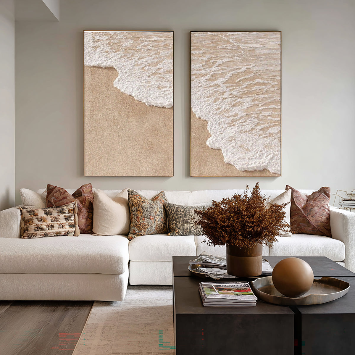 The Edge Of The Tide Large Textured Coastal Diptych White Wave Beach Wall Art Contemporary Artwork